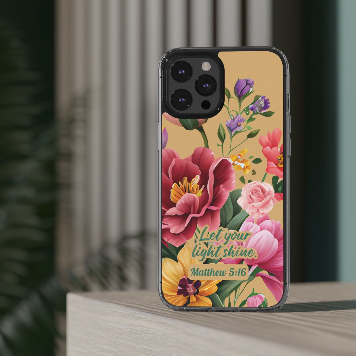 Clear Floral Bible Verse Phone Case — "Let Your Light Shine" (Matthew 5:16) for iPhone and Samsung Cases.