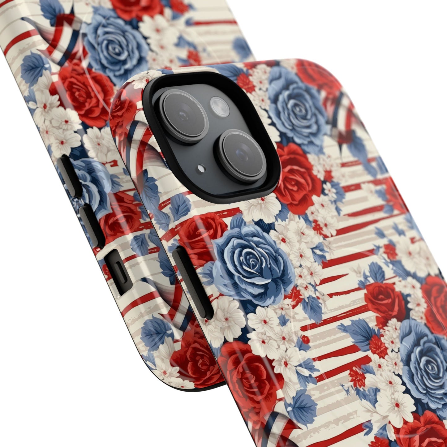 Floral Freedom Tough iPhone Magnetic Case, Red Blue Flower Design,  iPhone MagSafe® compatibility Cover, Best Gift for Her, Holiday Present