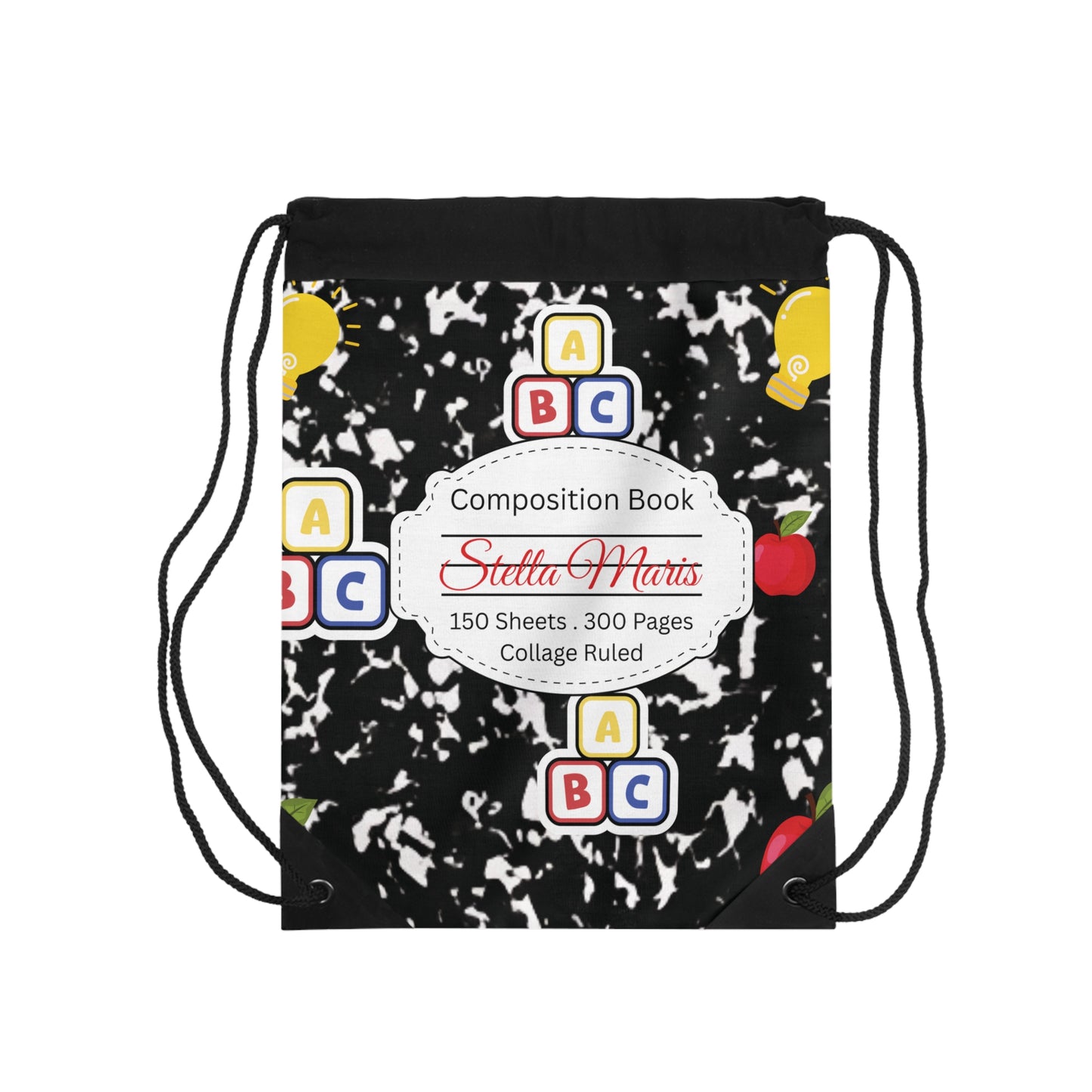 Custom Black Composition Book Inspired Colorful ABC Drawstring Bag | Personalized College Tote | Kids School Gear | Fun Gym Sack | Back to School Accessory