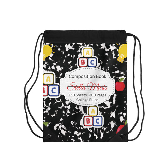 Custom Black Composition Book Inspired Colorful ABC Drawstring Bag | Personalized College Tote | Kids School Gear | Fun Gym Sack | Back to School Accessory