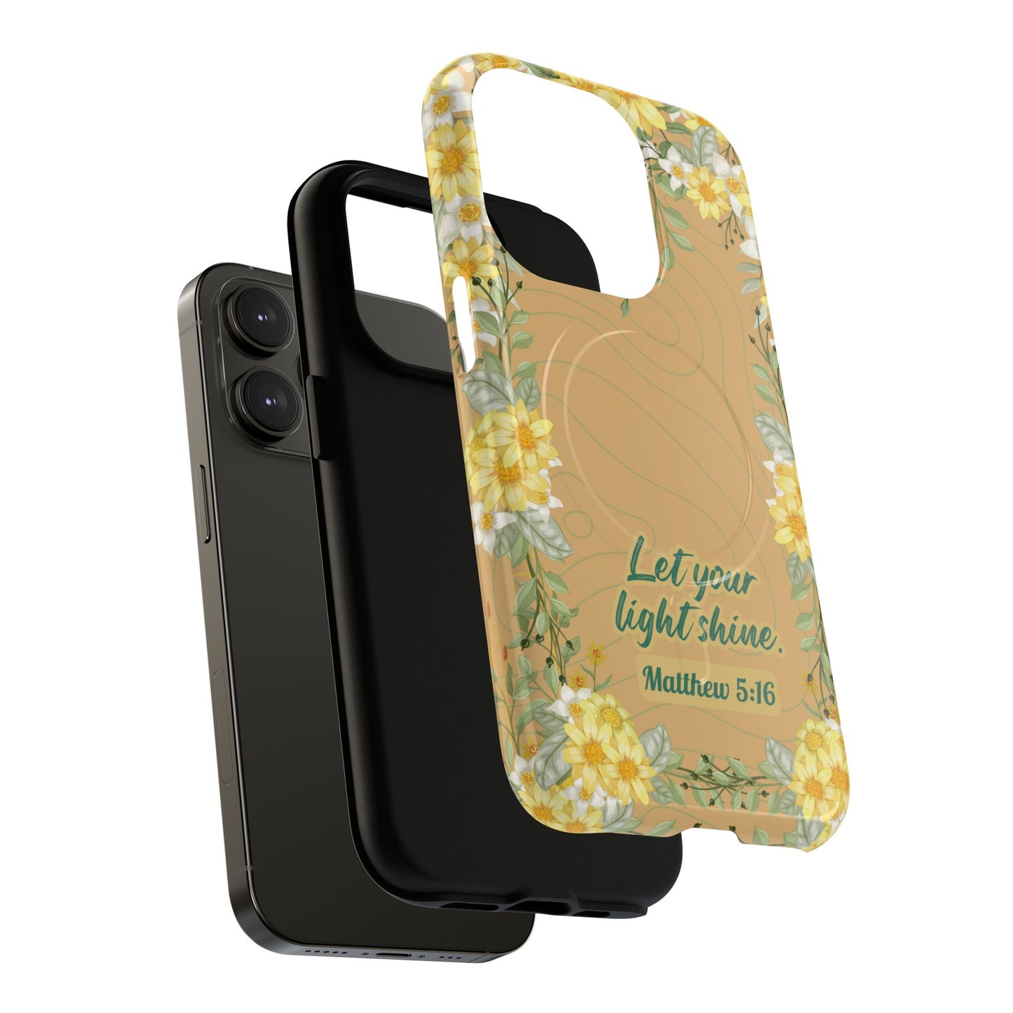 Let your Light Shine Matthew 5:16, Inspirational Gift, Tough iPhone Magnetic Case Scripture, Floral Bible Verse, MagSafe® iPhone® Tough Case, iPhone 14, iPhone 15, iPhone 16, Pro, Pro Max, Plus.