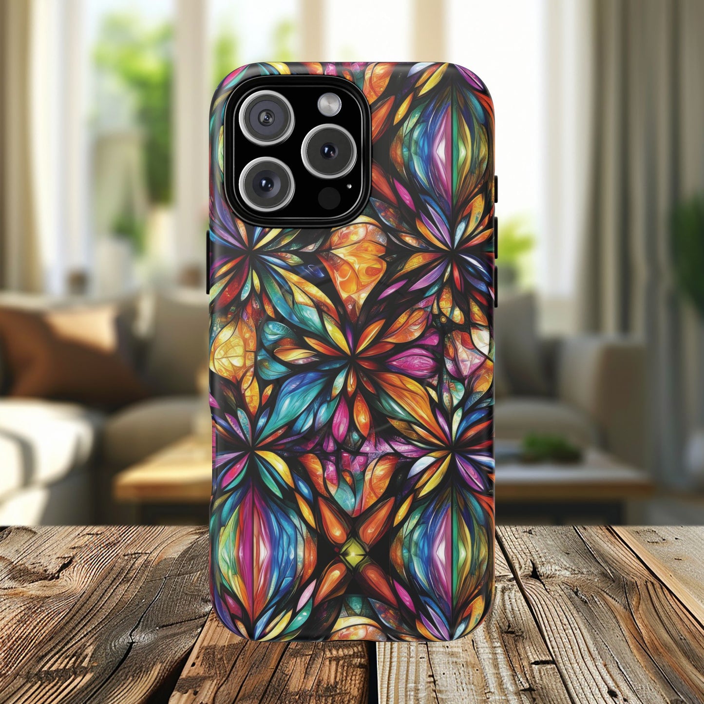 Luminous Whirl Tough Magnetic iPhone Cases, Vibrant Protection, Unique Floral Print, Durable Cover, Gift for Tech Lovers, iPhone Accessory, Stained Glass iPhone Design.