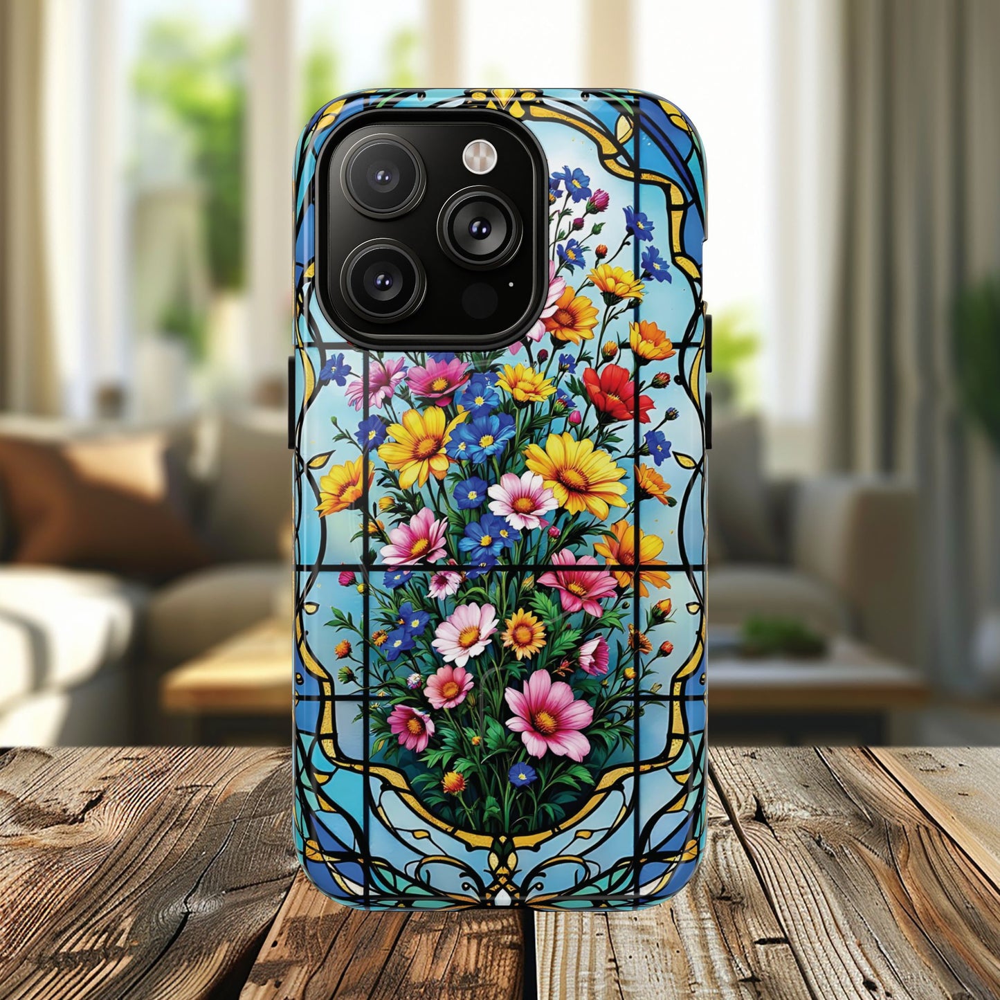 Floral Stained Glass Tough Magnetic Case, Durable Phone Cover, Gift for Nature Lovers, Unique Floral Design, Phone Accessories for All Occasions.
