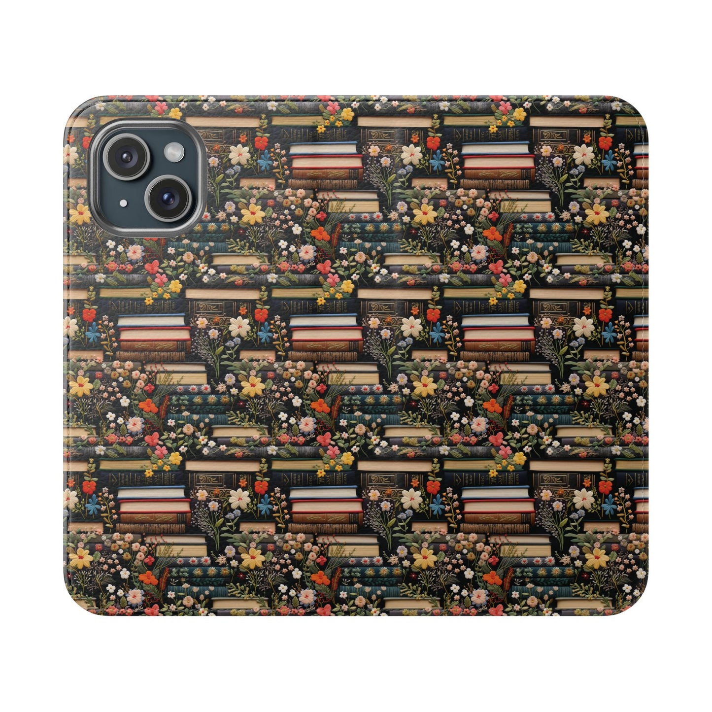 Book Stack Floral Flip iPhone and Samsung Phone Case — Vintage Library Wallet Cover.