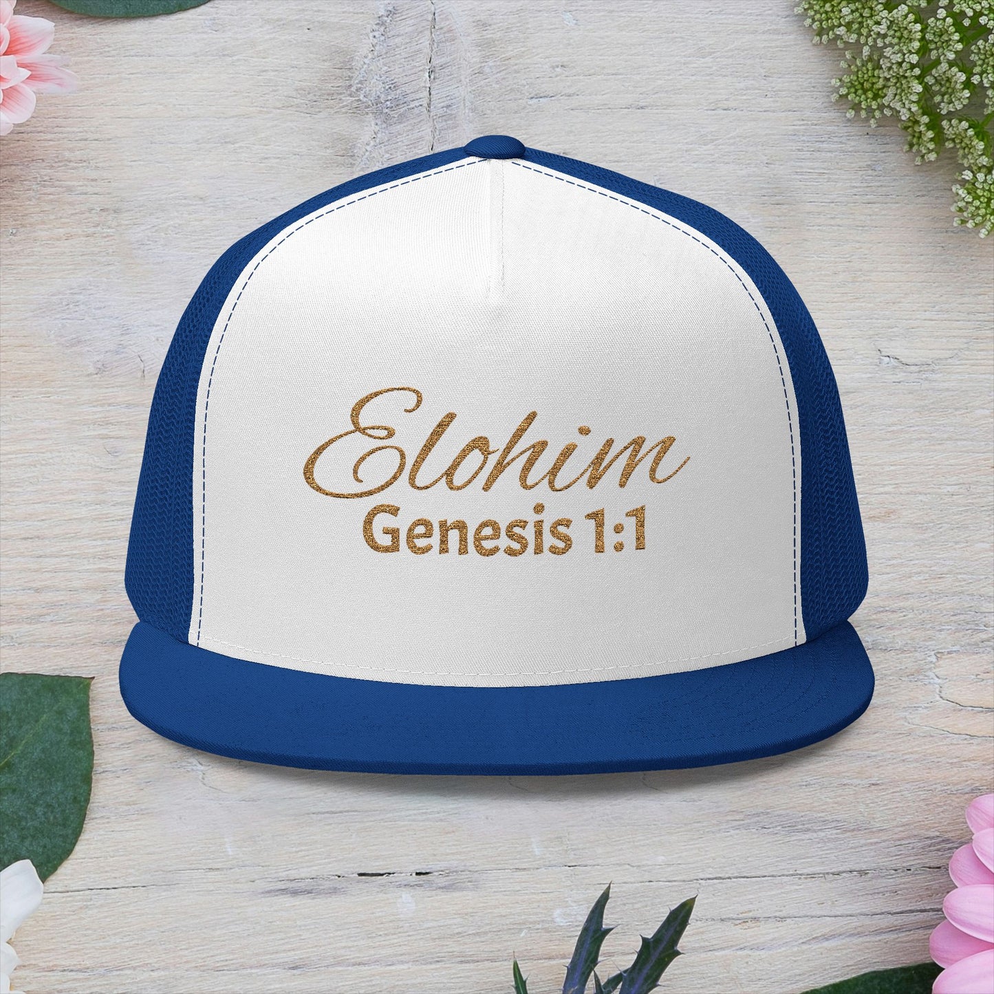 'ELOHIM, GENESIS 1:1'  Embroidered 5 Panel Trucker Cap | Casual Style Hat, Adjustable, Unisex, Perfect Gift for Outdoors, Festivals, Daily Wear