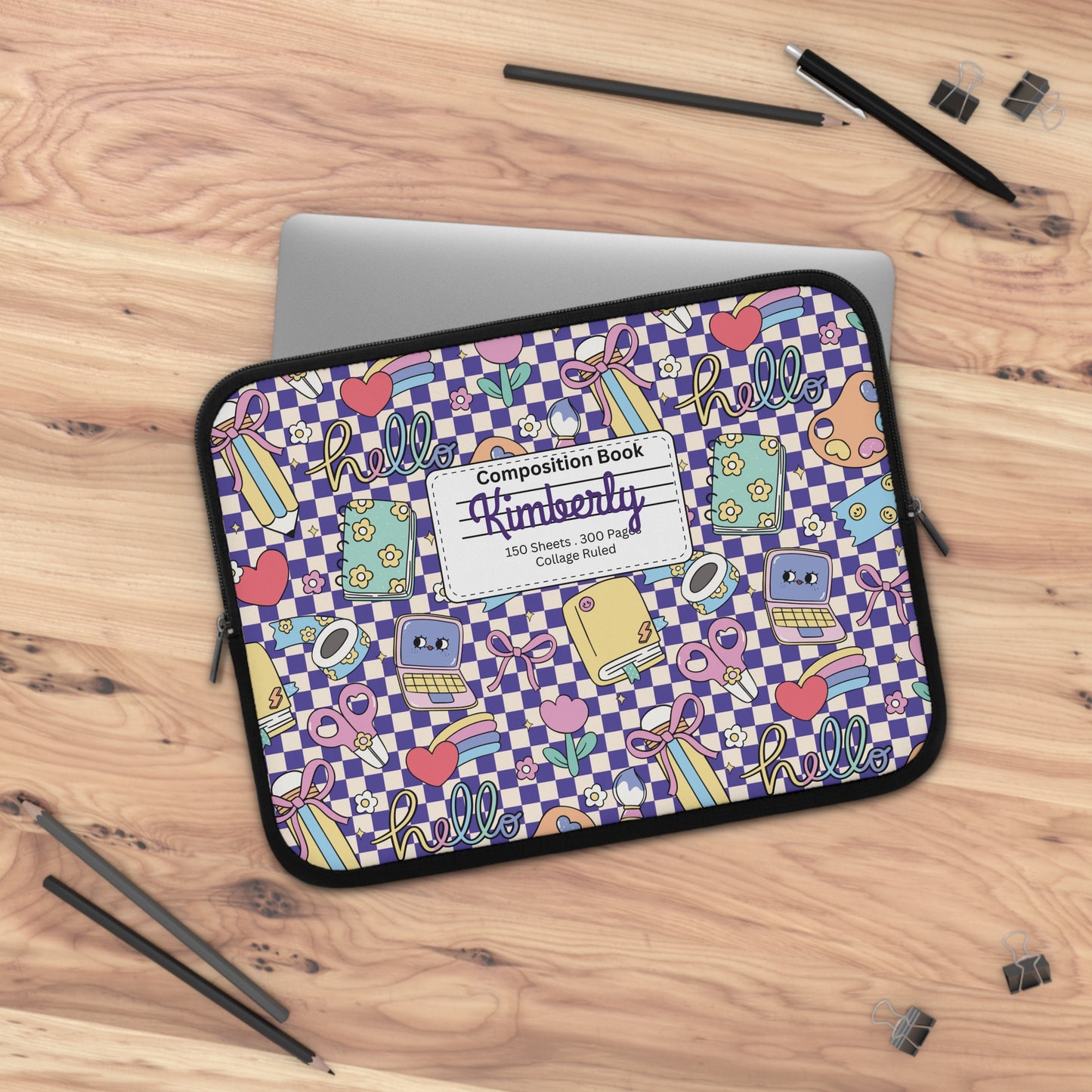 Personalized Purple Doodle Daydream Laptop Sleeve with Composition Book Inspired Design, Customizable Tech Case, School Supplies, Gift for Students, College Essentials, Back to School