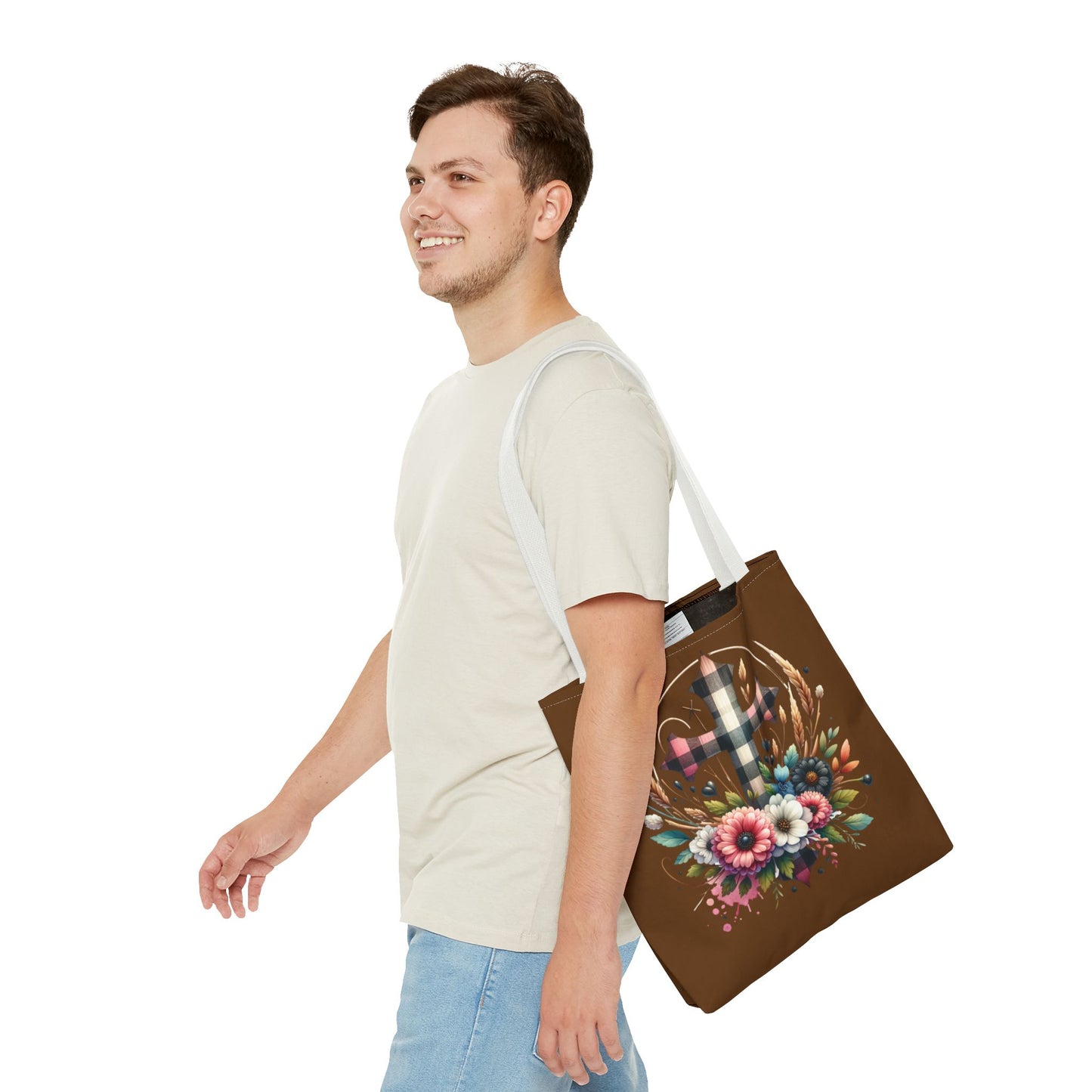 Faith and Floral Cross Heart Tote Bag