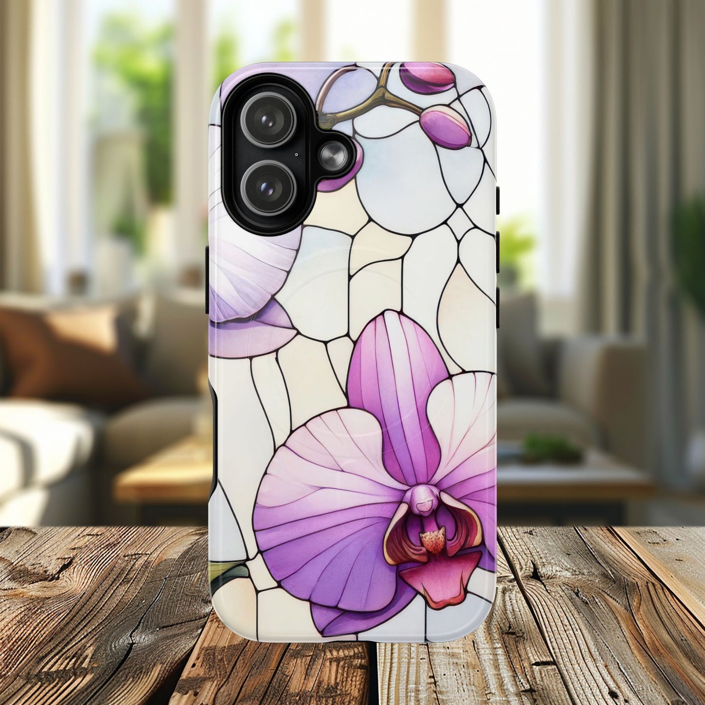 Orchid Grace Tough iPhone Magnetic Case, Protective iPhone Cover, Trendy Stained Glass Design, Floral Gift, Unique iPhone Accessory, Durable iPhone Case