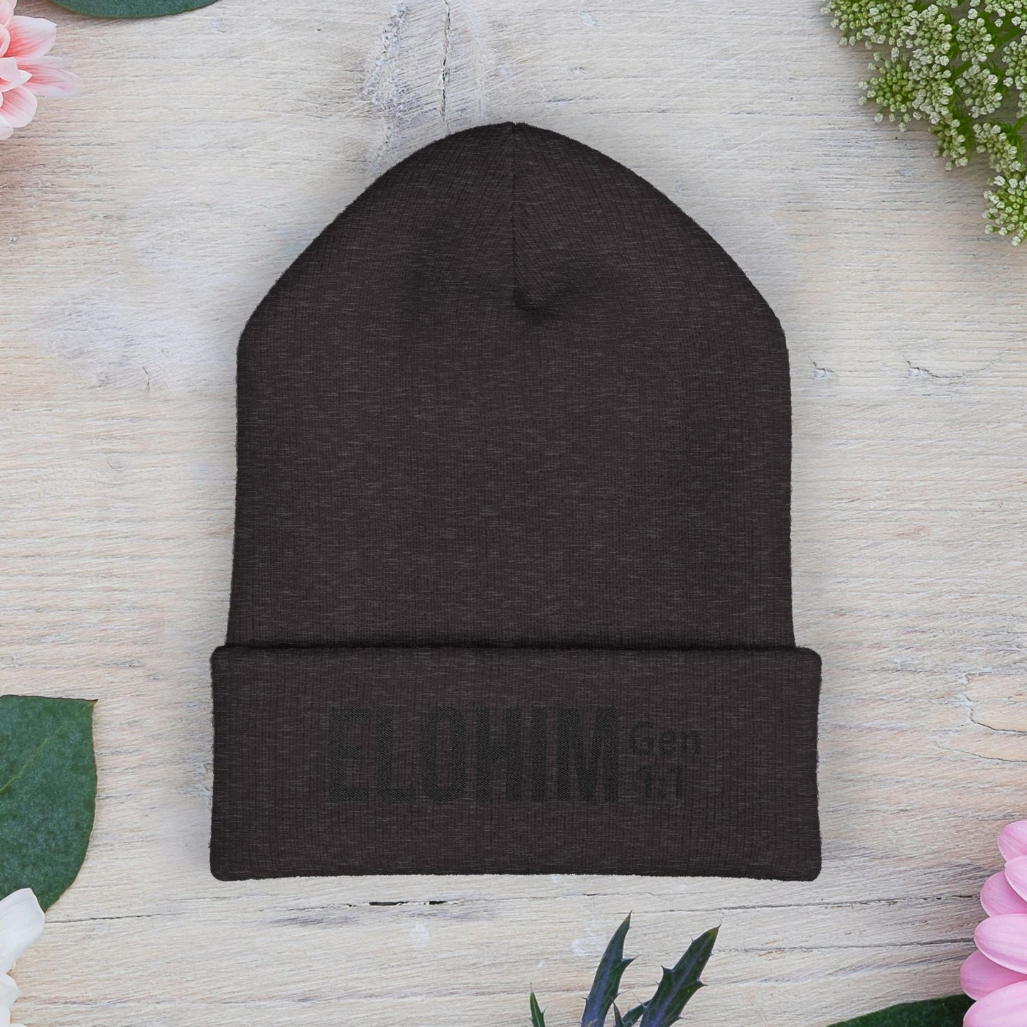 Embroidered 'ELOHIM, GENESIS 1:1' Classic Cuffed Beanie - Cozy Winter Hat, Streetwear Accessory, Personalized Gifts, Religious Apparel, Unisex Beanie