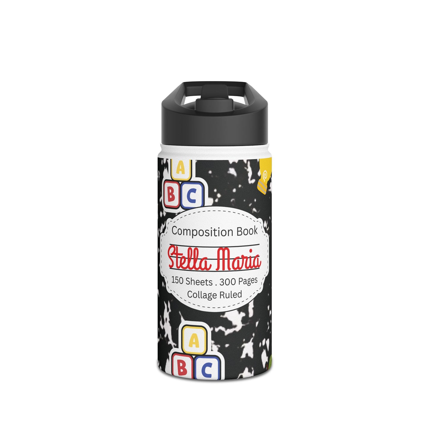 Personalized Black Composition Book Inspired Stainless Steel Water Bottle for Kids, School Supplies, Eco-Friendly Drinkware, Back to School, Teacher Gifts