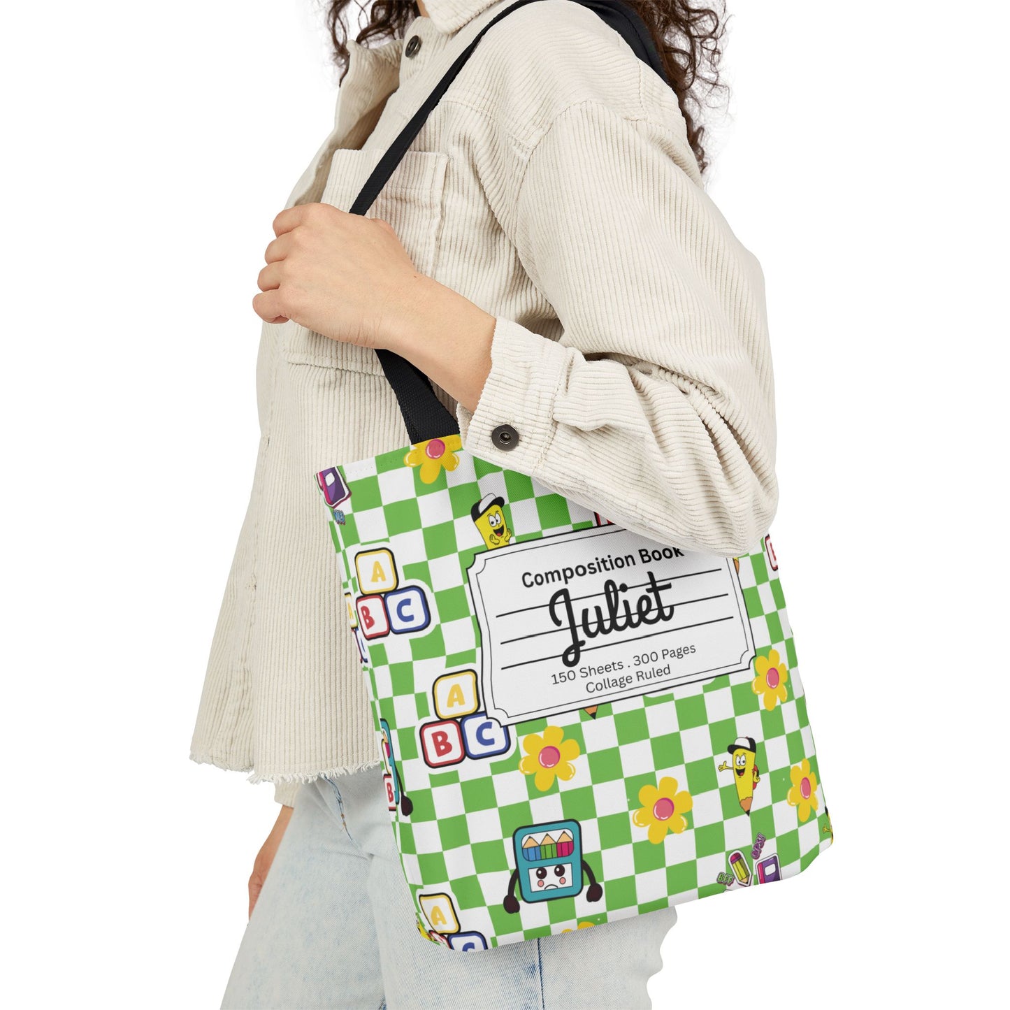 Personalized Green Schoolyard Chic Composition Book Inspired Canvas Tote Bag with Colorful Straps, Cute School Bag, Eco-Friendly Tote, Back to School Shopping Bag, Teacher Gift Idea