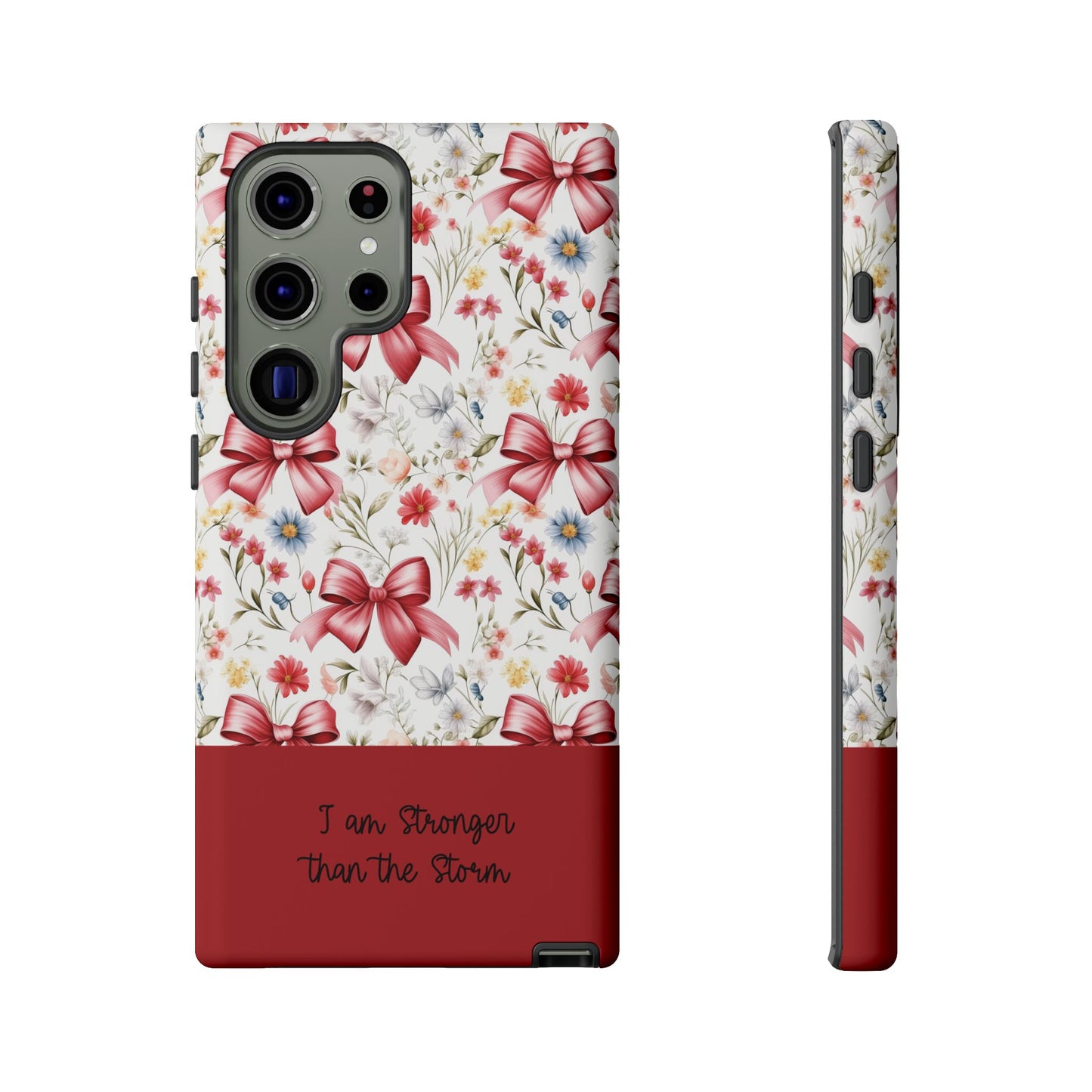 Personalized Rosette Coquette Phone Case - Custom Name/Message 'I Am Stronger Than The Storm' Floral Bow Protective Case