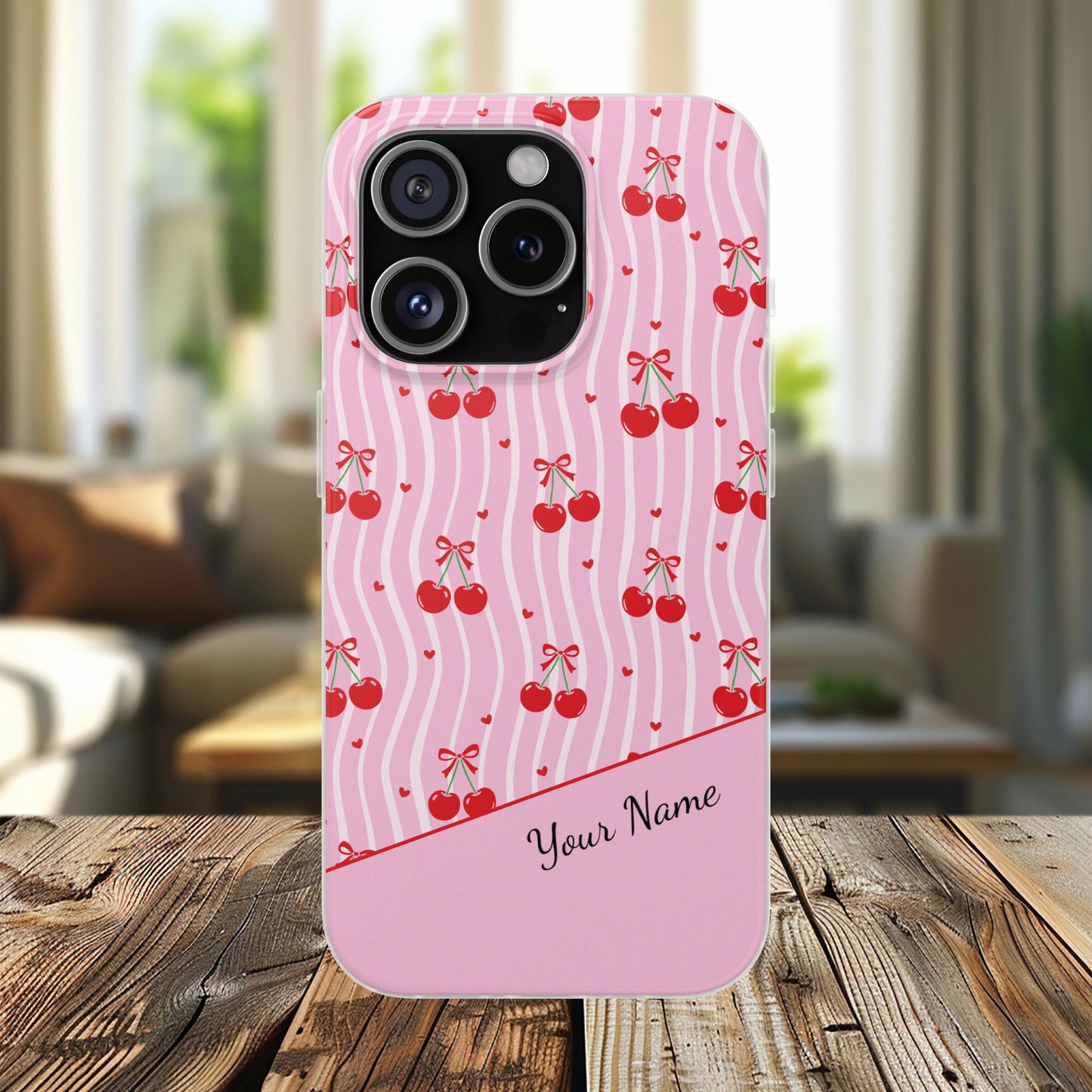 Personalized Cherry Blossom Dreams Flexi Case — Pink Retro Cherry iPhone® 7/8, 11, 12, 13, 14, 15, 16, 17, X/XS, SE, XR, Mini, Pro, Pro Max, Plus Cases.