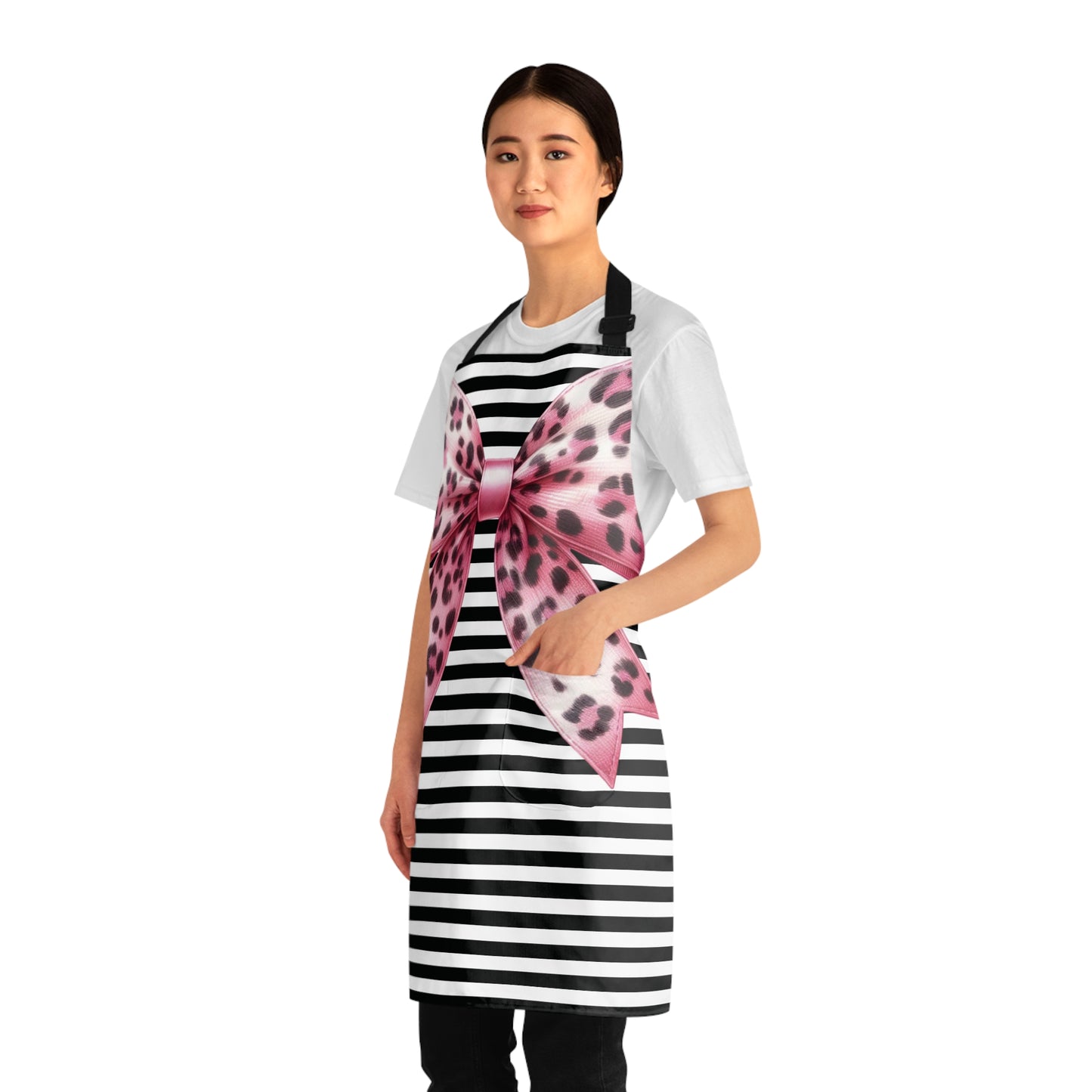 Striped Pink Animal Print Bow Grilling Apron with Tie Straps (AOP).