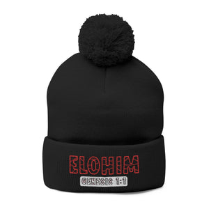 Red Pom-Pom Knit Cap with 'ELOHIM, GENESIS 1:1'  Embroidery Beanie - Stylish Winter Accessory for All Ages, Perfect Gift for Birthdays, Holidays, and Outdoor Activities