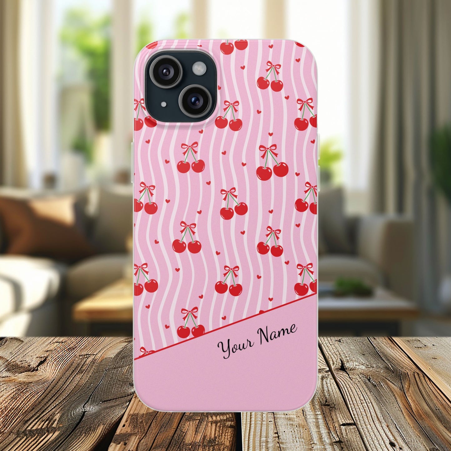 Personalized Cherry Blossom Dreams Flexi Case — Pink Retro Cherry iPhone® 7/8, 11, 12, 13, 14, 15, 16, 17, X/XS, SE, XR, Mini, Pro, Pro Max, Plus Cases.