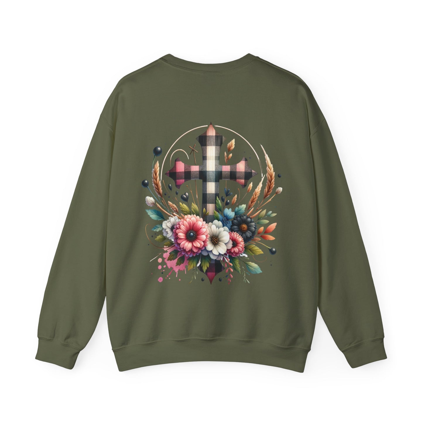 Faith and Floral Cross Unisex Heavy Gildan Blend™ Crewneck Sweatshirt.