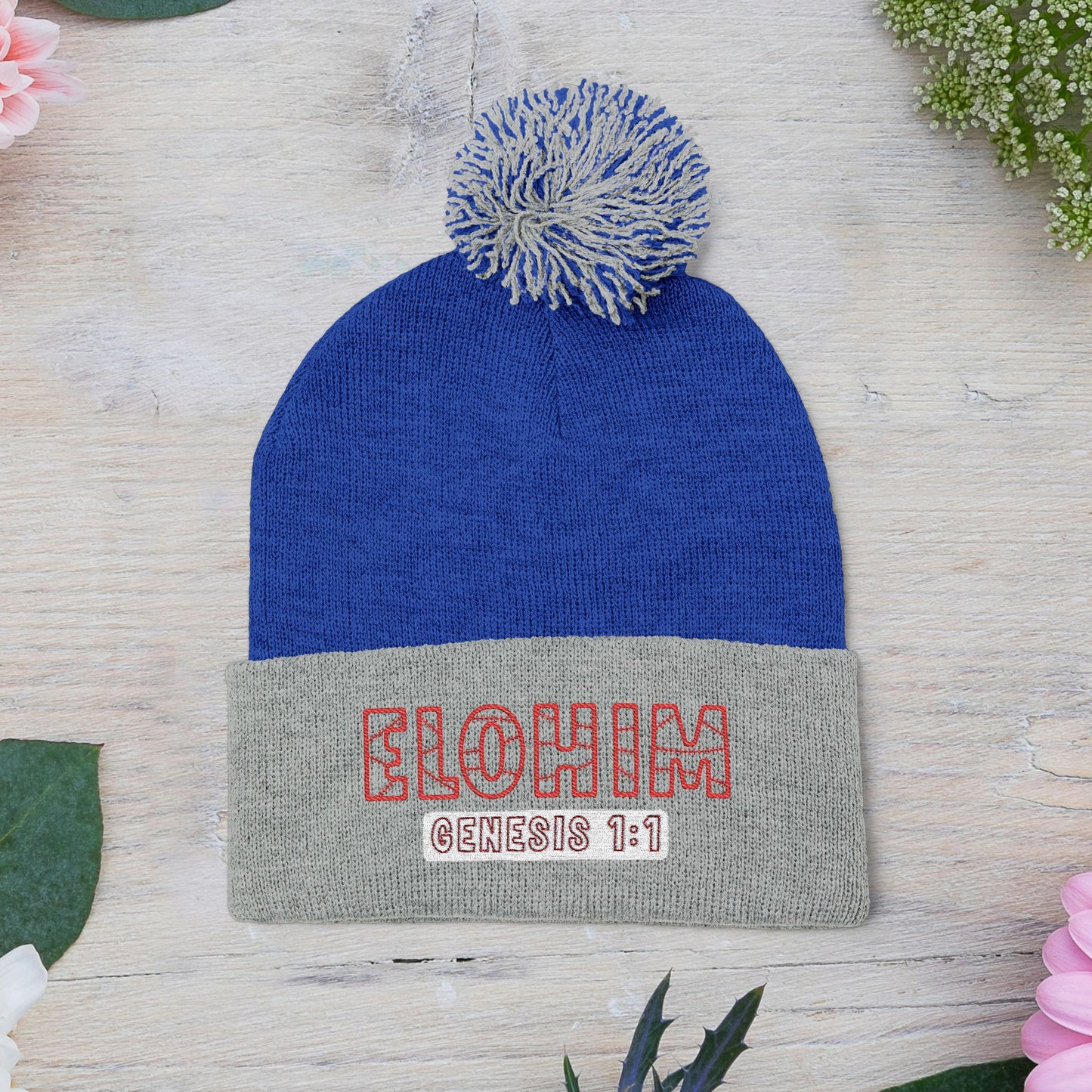 Red Pom-Pom Knit Cap with 'ELOHIM, GENESIS 1:1'  Embroidery Beanie - Stylish Winter Accessory for All Ages, Perfect Gift for Birthdays, Holidays, and Outdoor Activities