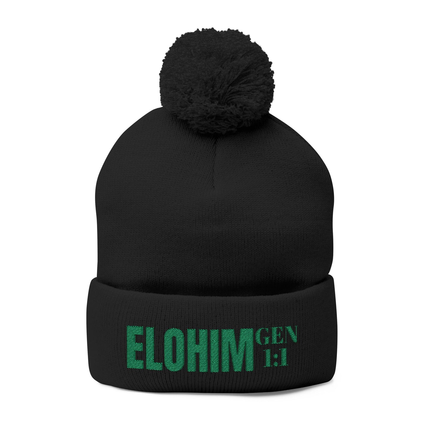 Pom-Pom Knit Cap with 'ELOHIM, GENESIS 1:1'  Embroidery Beanie - Stylish Winter Accessory for All Ages, Perfect Gift for Birthdays, Holidays, and Outdoor Activities