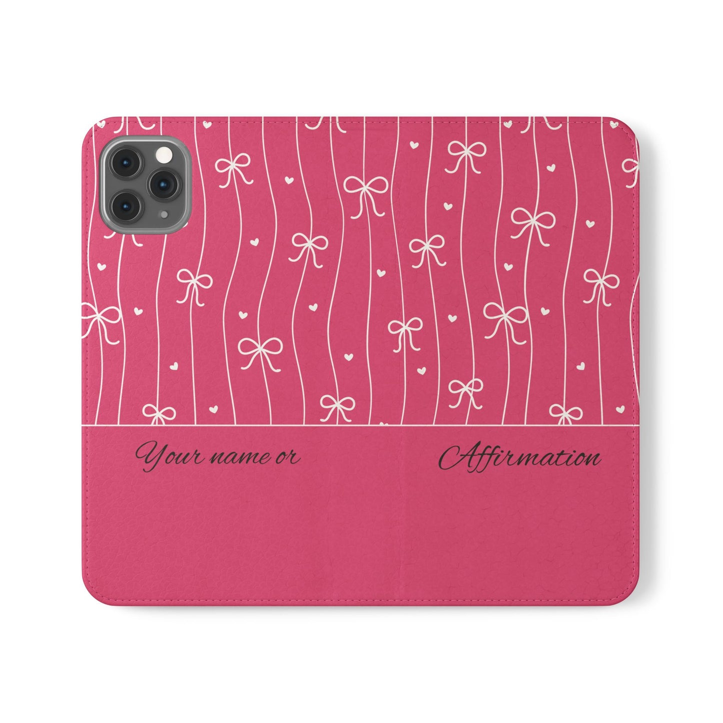 Personalized Pink Bow Coquette Flip iPhone and Samsumg Case — Custom Name or Affirmation Wallet Cover