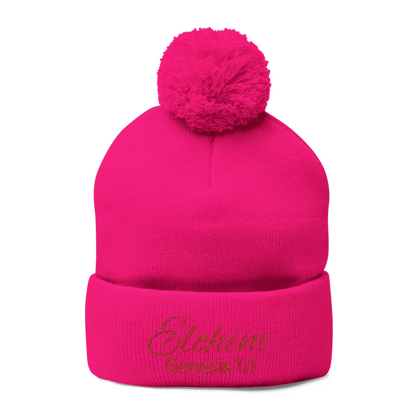 Red Pom-Pom Knit Cap with 'ELOHIM, GENESIS 1:1'  Embroidery Beanie - Stylish Winter Accessory for All Ages, Perfect Gift for Birthdays, Holidays, and Outdoor Activities