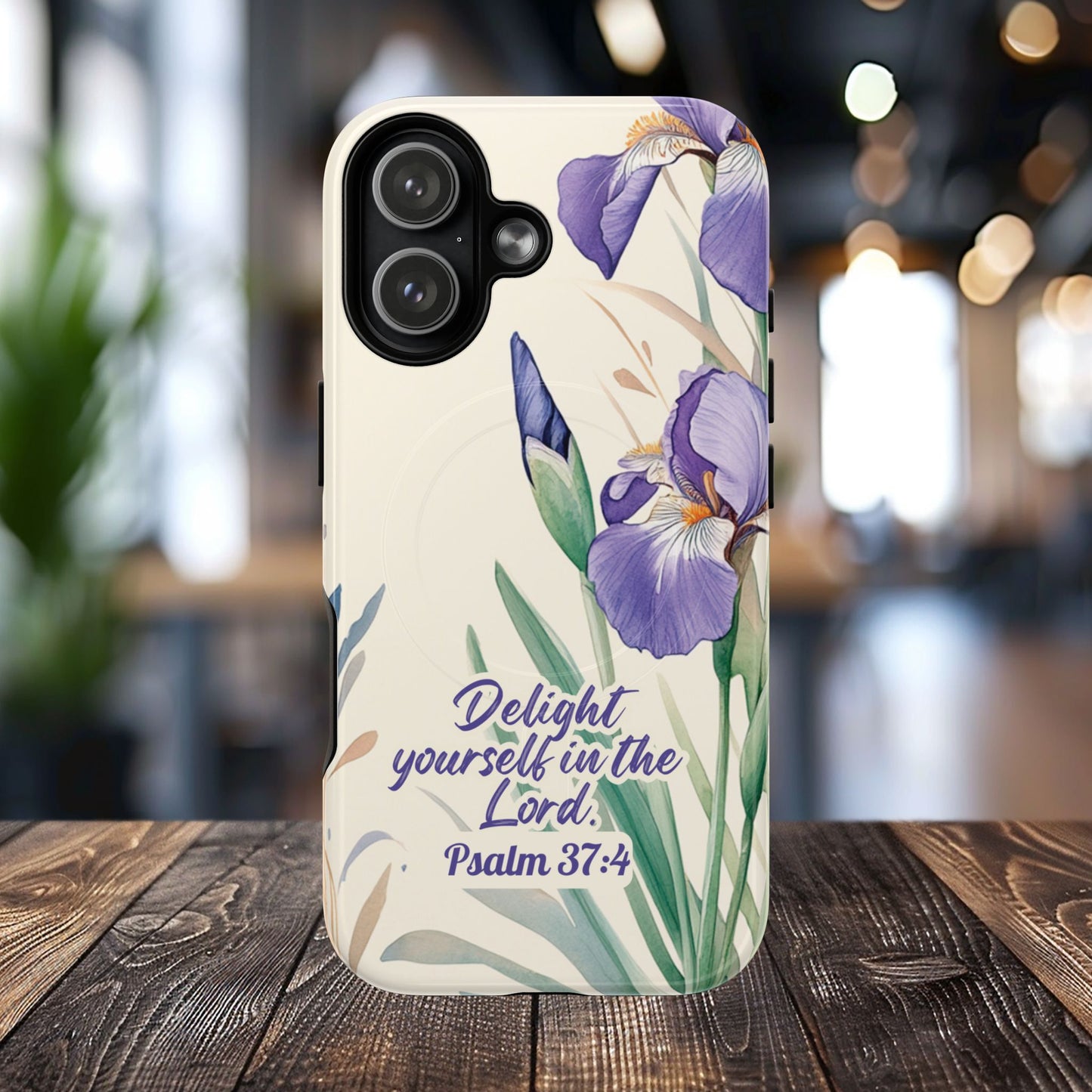 Delight yourself in the Lord Psalm 37:4, Inspirational Gift, iPhone Magnetic Case Scripture, Floral Bible Verse, MagSafe® iPhone® Tough Case, iPhone 14, iPhone 15, iPhone 16, Pro, Pro Max, Plus.