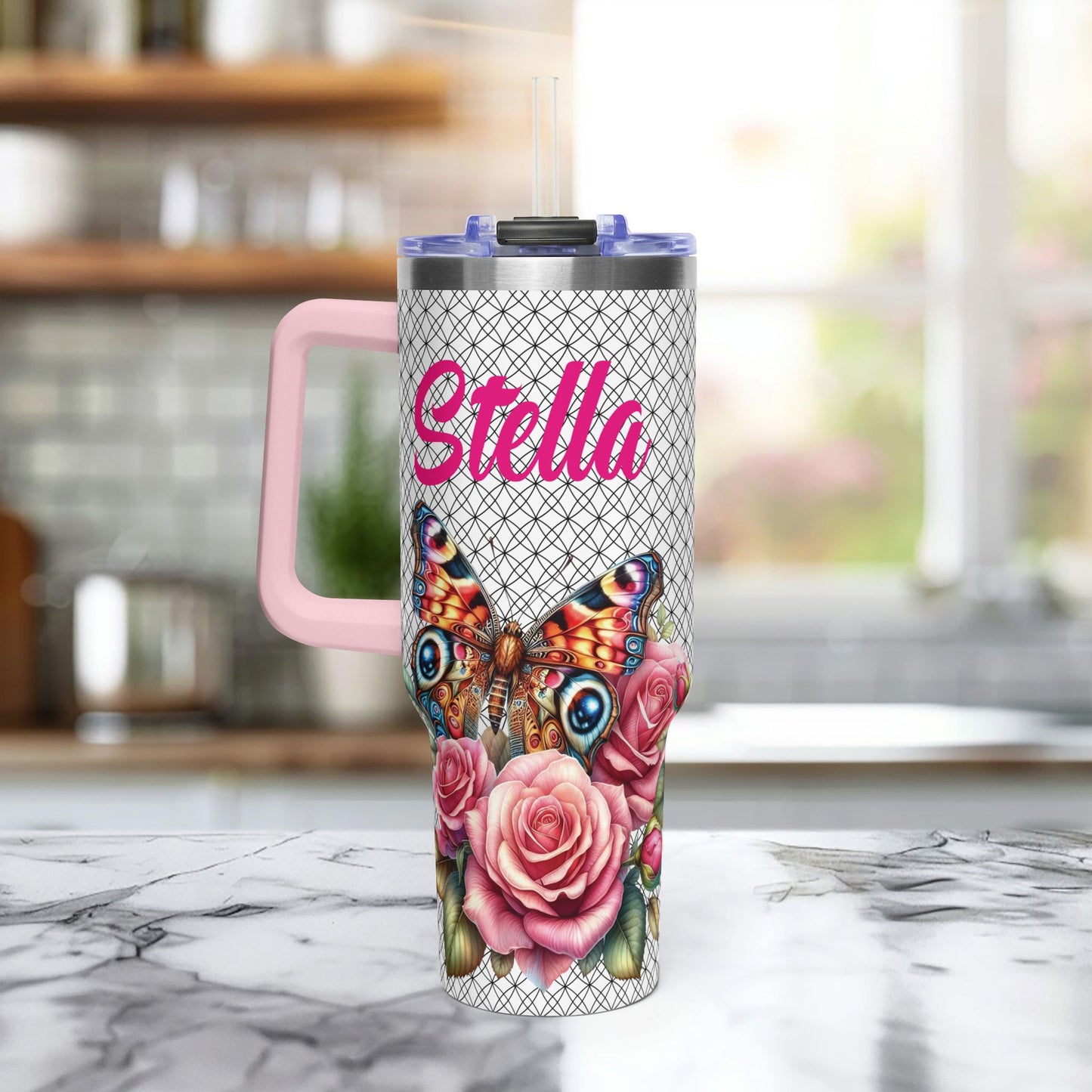 40oz Floral Butterfly Tumbler — Personalized "Name and Affirmation" Vacuum Insulated Cup