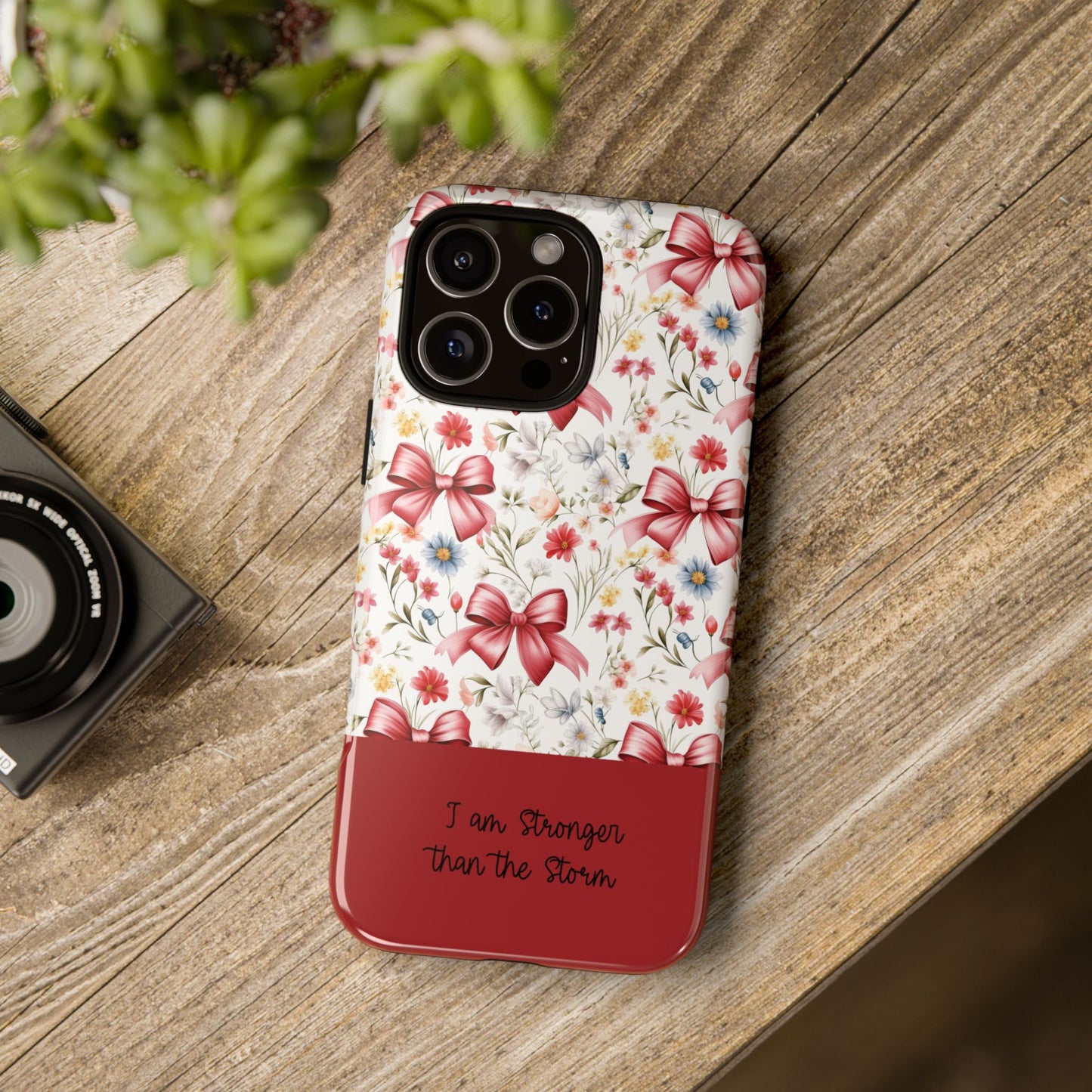 Personalized Rosette Coquette Phone Case - Custom Name/Message 'I Am Stronger Than The Storm' Floral Bow Protective Case