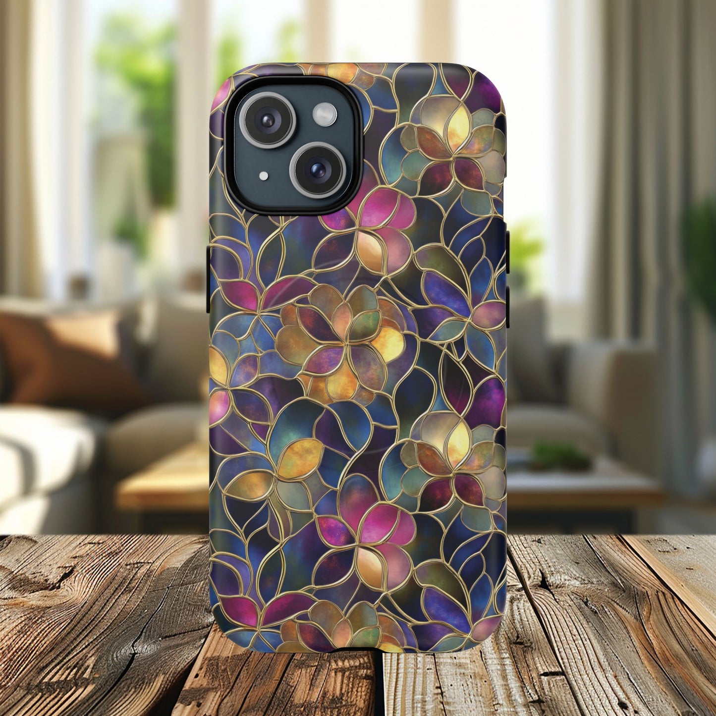 Chromatic Bloom Tough iPhone Magnetic Case, Tough iPhone Cover, Floral iPhone Accessory, Birthday Gift, Elegant Tech Decor, MagSafe Stained Glass Pattern.