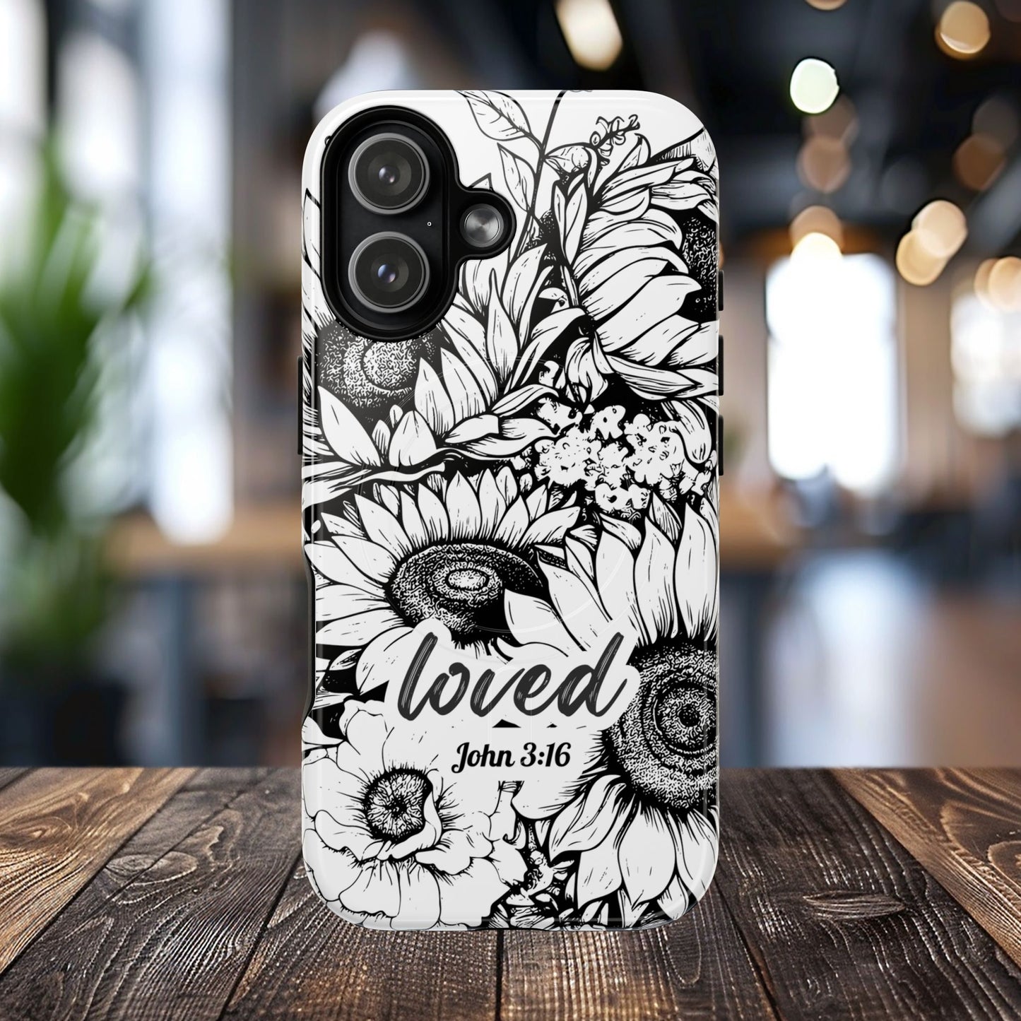 Loved John 3:16, Inspirational Gift, Tough iPhone Magnetic Case Scripture, Sunflower Bible Verse, MagSafe® iPhone® Tough Case, iPhone 14, iPhone 15, iPhone 16, Pro, Pro Max, Plus
