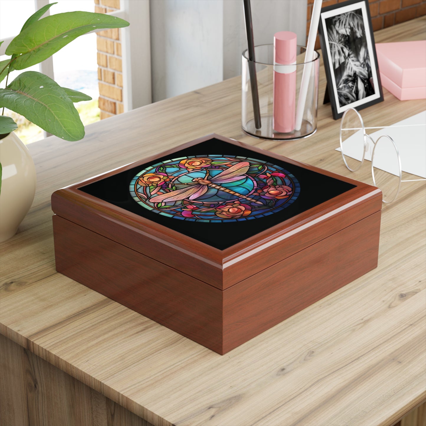 Dragonfly Stained Glass Jewelry Box — Floral Keepsake Trinket Box