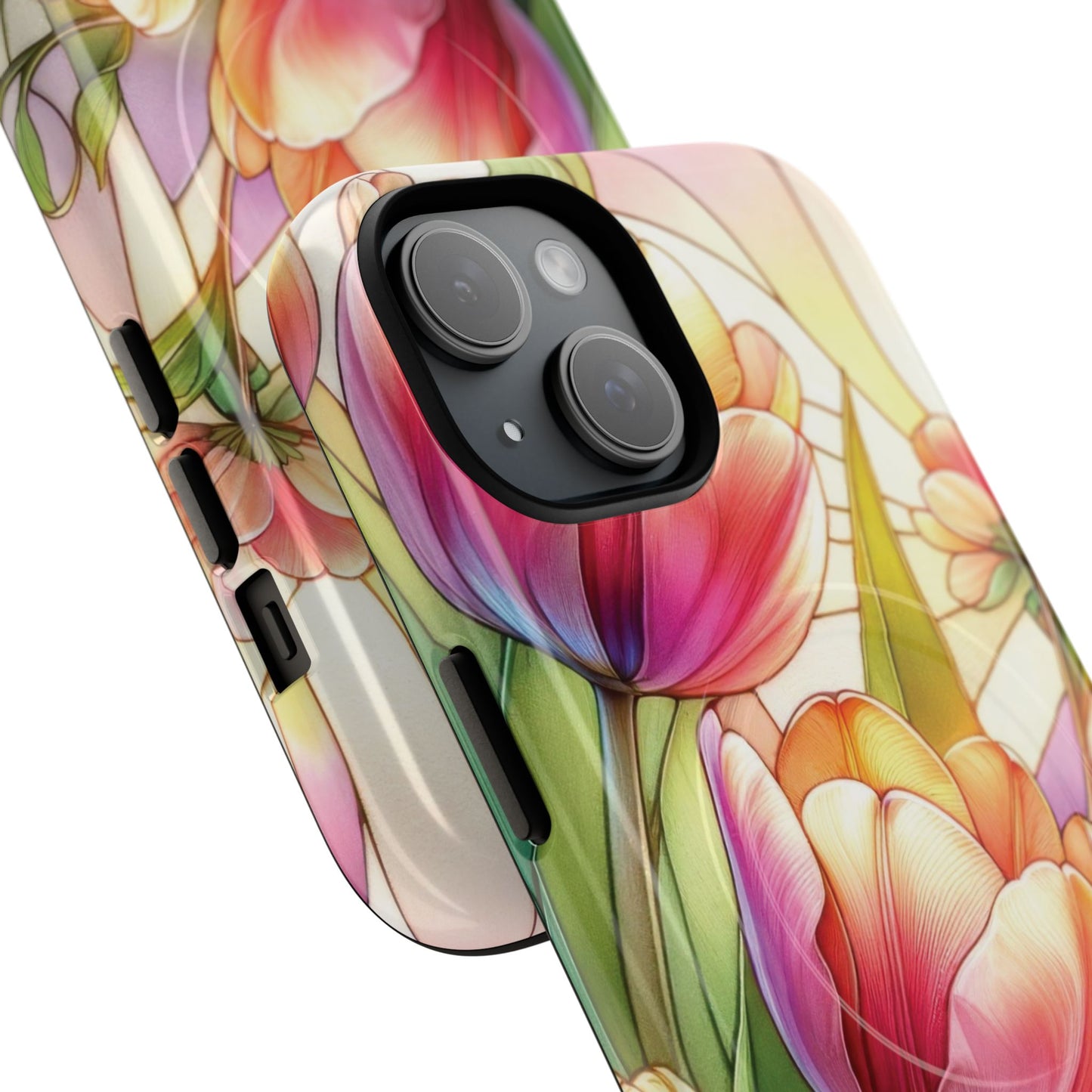 Tulip Glow Tough iPhone Magnetic Case, Floral Design, Spring Gift, Durable Protection, Smartphone Accessories, MagSafe Accessories, Stained Glass Tulip Gift
