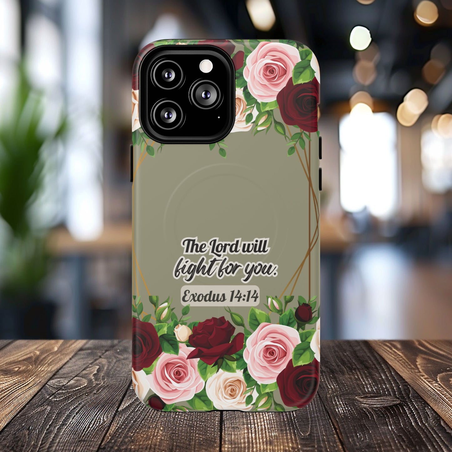 The Lord will Fight for You Exodus 14:14, Inspirational Gift, Tough iPhone Magnetic Case Scripture, Roses Bible Verse, MagSafe® iPhone® Tough Case, iPhone 14, iPhone 15, iPhone 16, Pro, Pro Max, Plus.