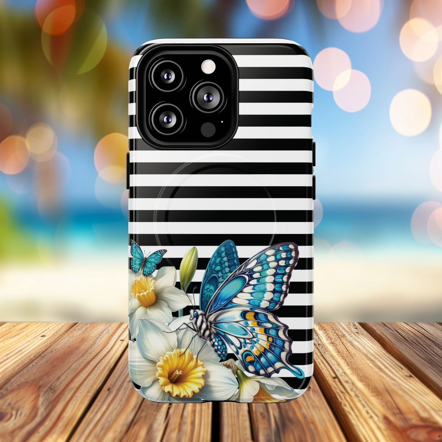 Daffodil Flutter Tough iPhone Magnetic Case, Floral iPhone Accessories, Stylish iPhone Cover, Black Striped Design, Gift for Her, Trendy iPhone