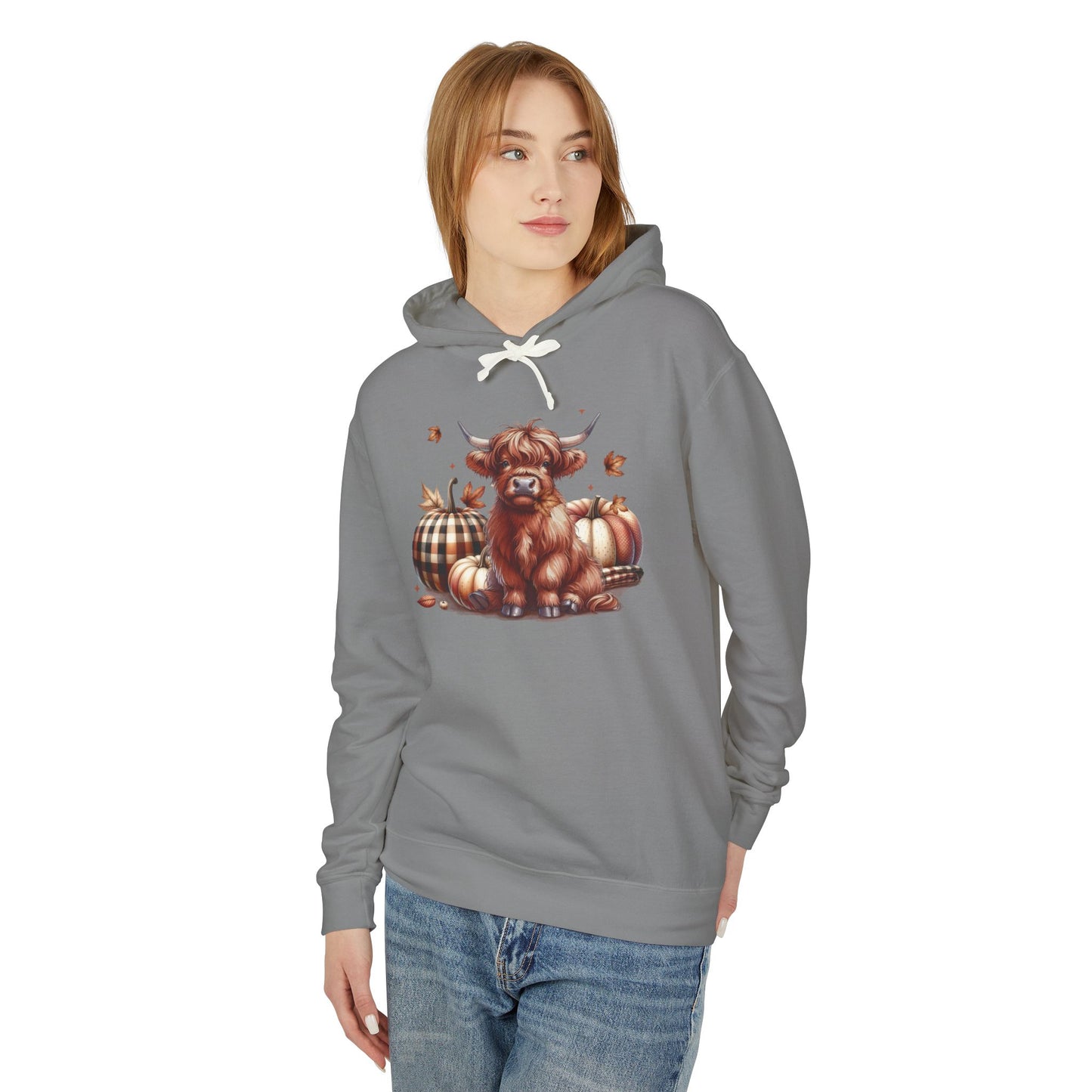 Autumn Highland Cow Charm Lightweight Hooded Sweatshirt