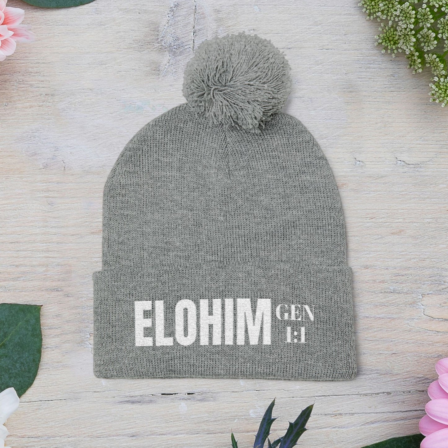 Pom-Pom Knit Cap with 'ELOHIM, GENESIS 1:1'  Embroidery Beanie - Stylish Winter Accessory for All Ages, Perfect Gift for Birthdays, Holidays, and Outdoor Activities