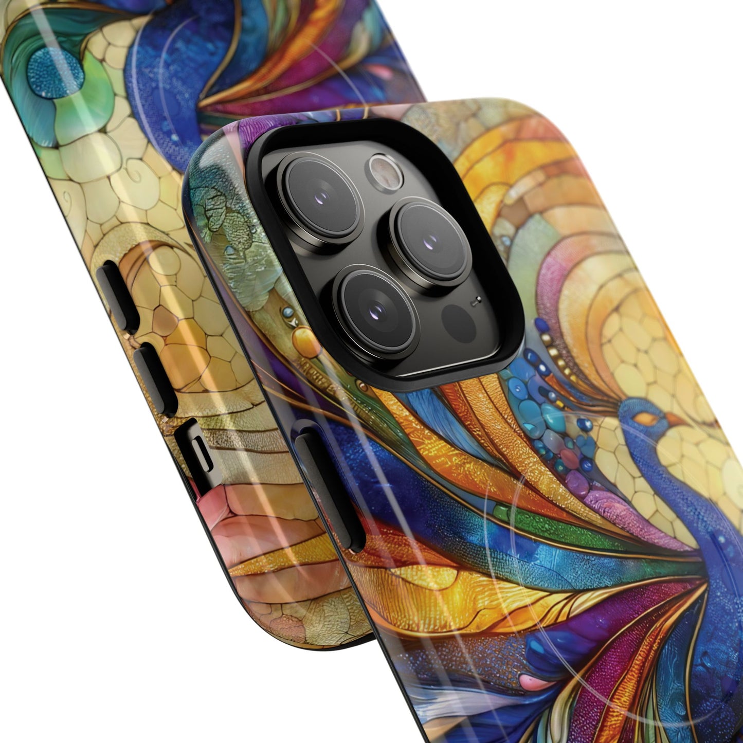 Mosaic Peacock Feathers Magnetic Phone Case, Tough Phone Shell, Vibrant Art Case, Gift for Her, Unique Phone Accessory, Wildlife Lover's Gift, Stained Glass Case.