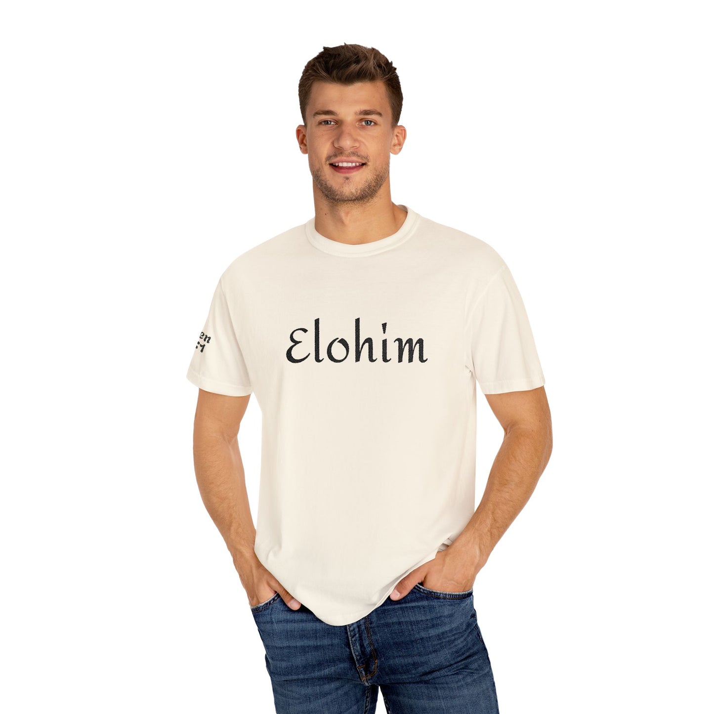 Embroidery 'ELOHIM, GENESIS 1:1' - Faith-Based Unisex Garment-Dyed Comfort Colors T-shirt, Faith Gift Tee, Religious Tee, Embroidery Tee.