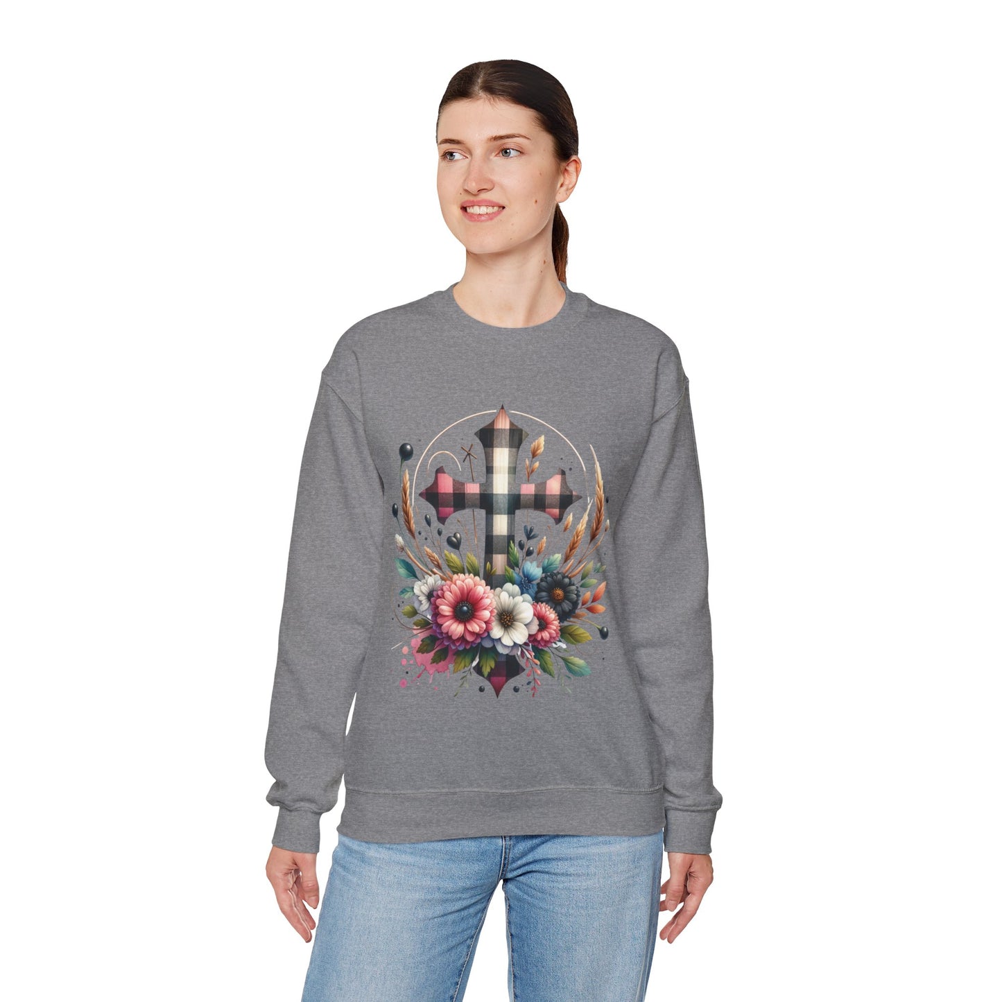 Faith and Floral Cross Unisex Heavy Gildan Blend™ Crewneck Sweatshirt.