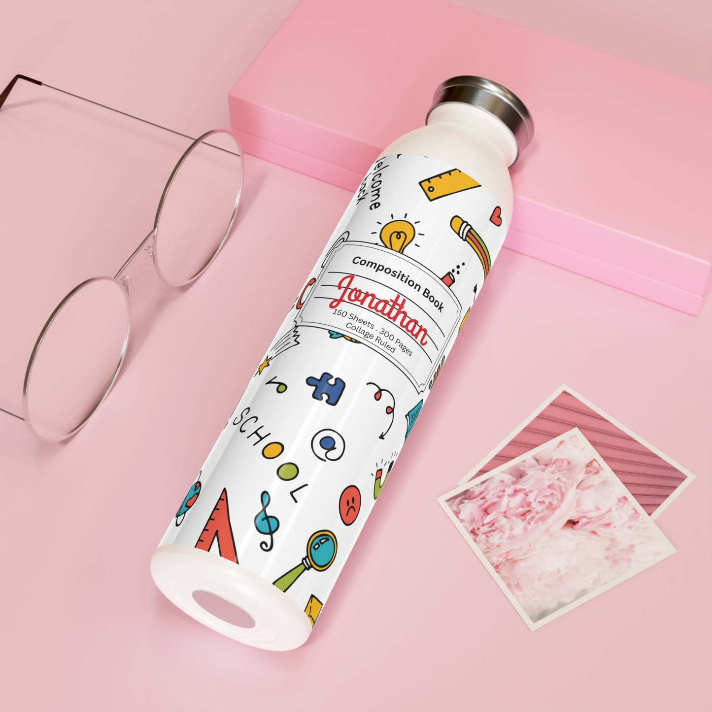Personalized Classroom Couture Composition Book Inspired Slim Water Bottle, Customizable Drinkware, Eco-Friendly Hydration Bottle, Perfect for Gifts, School Supplies, Back to School