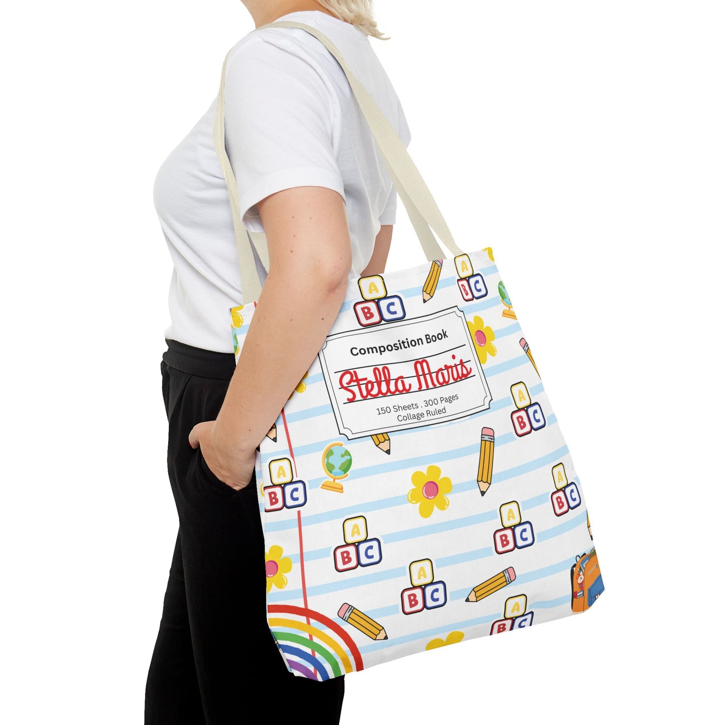 Personalized White SchoolYard Chic Composition Book Inspired Tote Bag, Back to School Tote, Teacher Gift, Kids Bag, Custom Name Bag, Educational Accessories, Back to School Tote Bag.