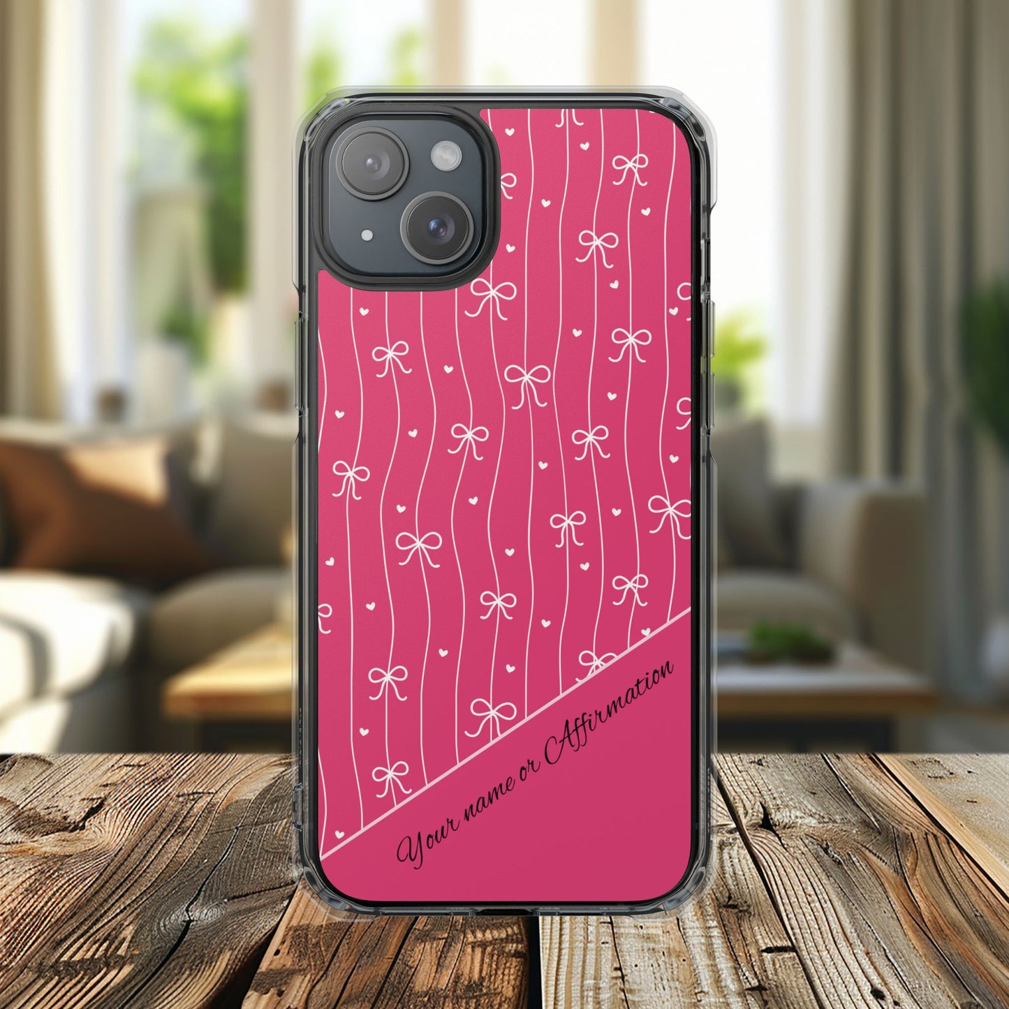 Personalized Pink Bow Coquette Tough Magnetic MagSafe® Clear iPhone Case  iPhone® 13, 14, iPhone 15, iPhone 16, iPhone 17, Pro, Pro Max, Plus Cases.