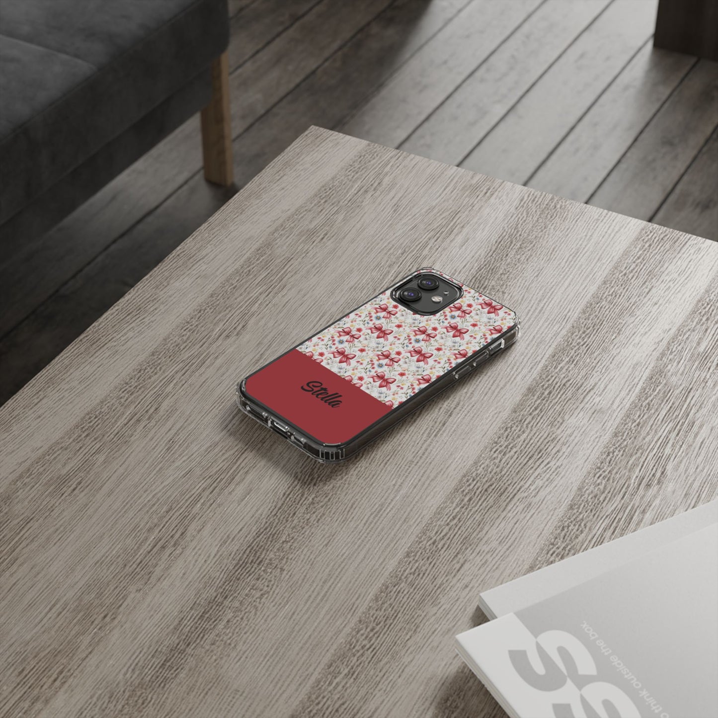 Personalized Rosette Coquette Floral Bow Clear iPhone, Samsung Cases — Custom Name Phone Cover