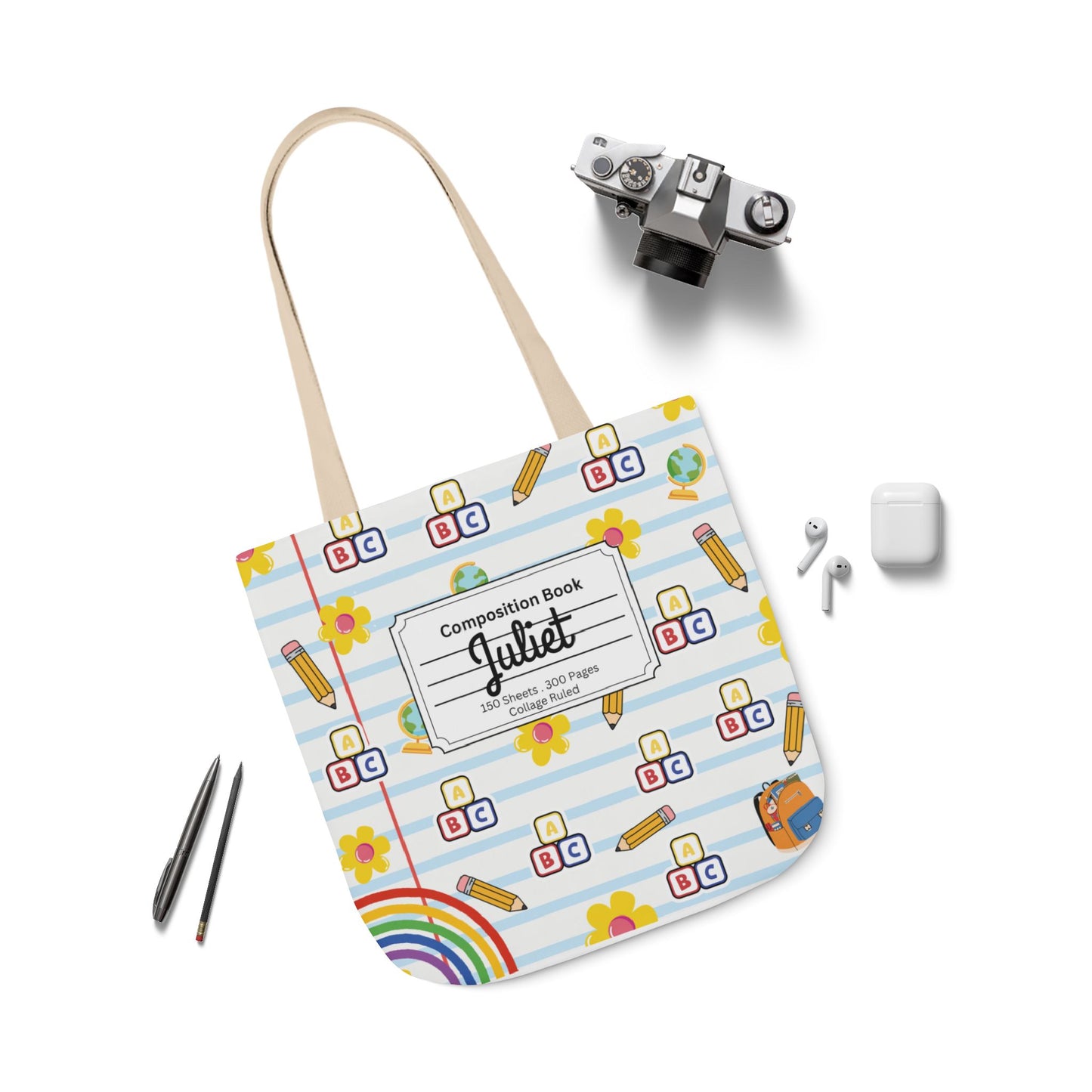 Personalized White Schoolyard Chic Composition Book Inspired Canvas Tote Bag with Colorful Straps, Cute School Bag, Eco-Friendly Tote, Back to School Shopping Bag, Teacher Gift Idea
