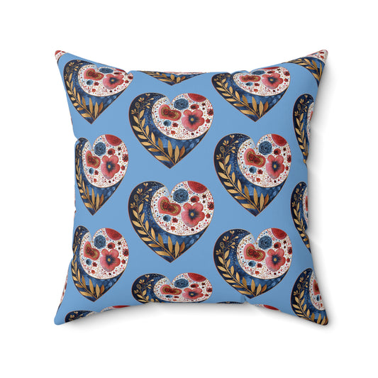 Light Blue Floral Heart Spun Polyester Square Pillow