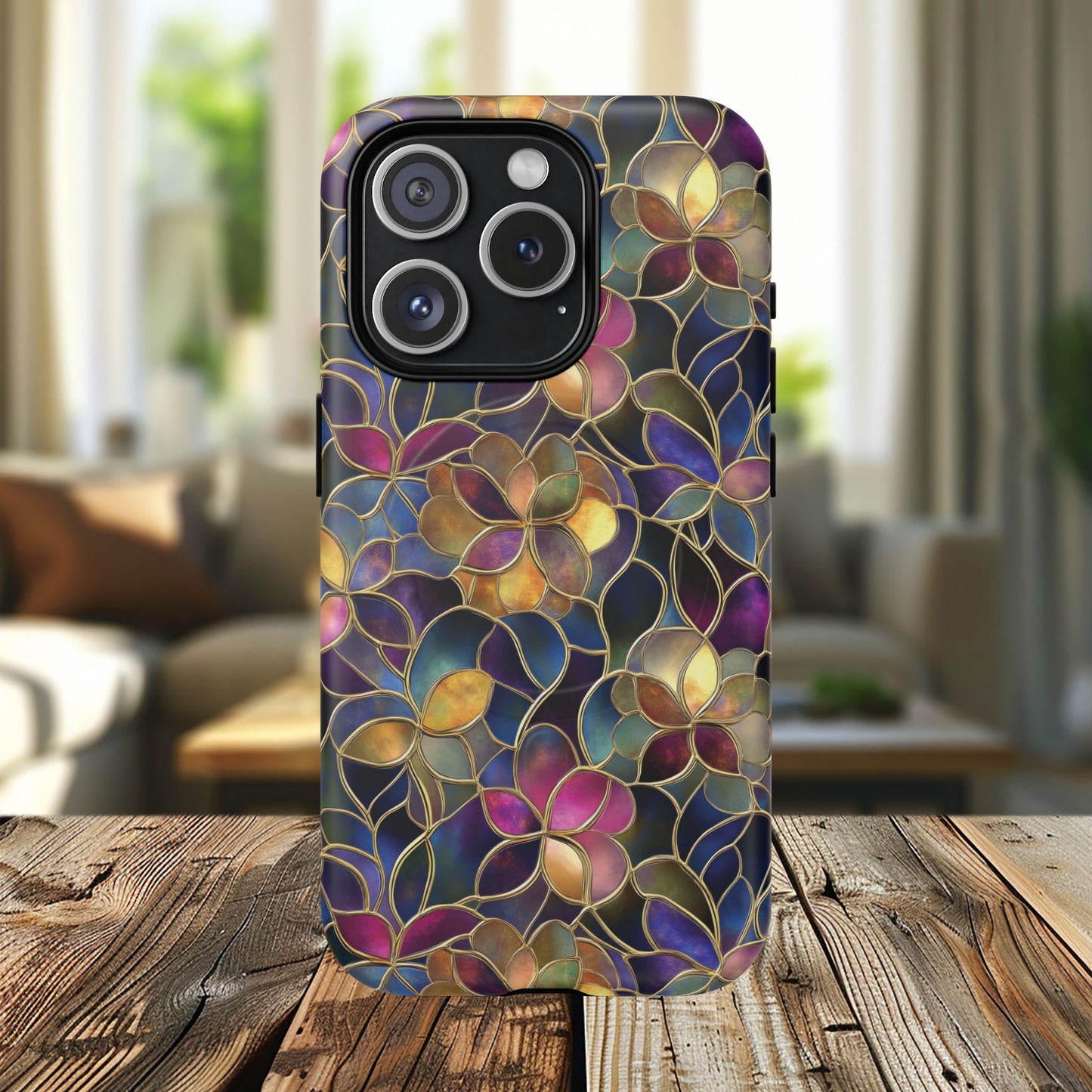 Chromatic Bloom Tough iPhone Magnetic Case, Tough iPhone Cover, Floral iPhone Accessory, Birthday Gift, Elegant Tech Decor, MagSafe Stained Glass Pattern.