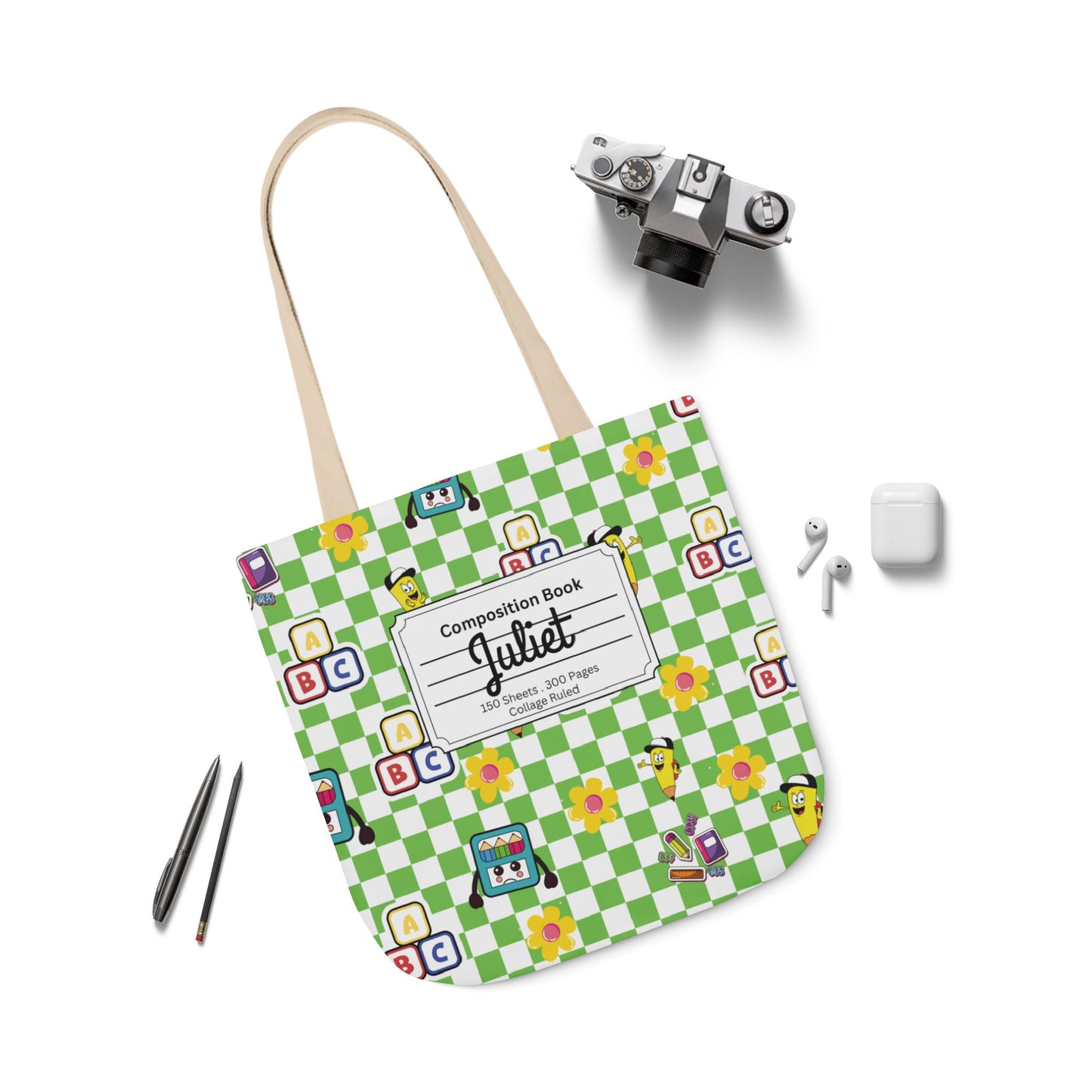 Personalized Green Schoolyard Chic Composition Book Inspired Canvas Tote Bag with Colorful Straps, Cute School Bag, Eco-Friendly Tote, Back to School Shopping Bag, Teacher Gift Idea