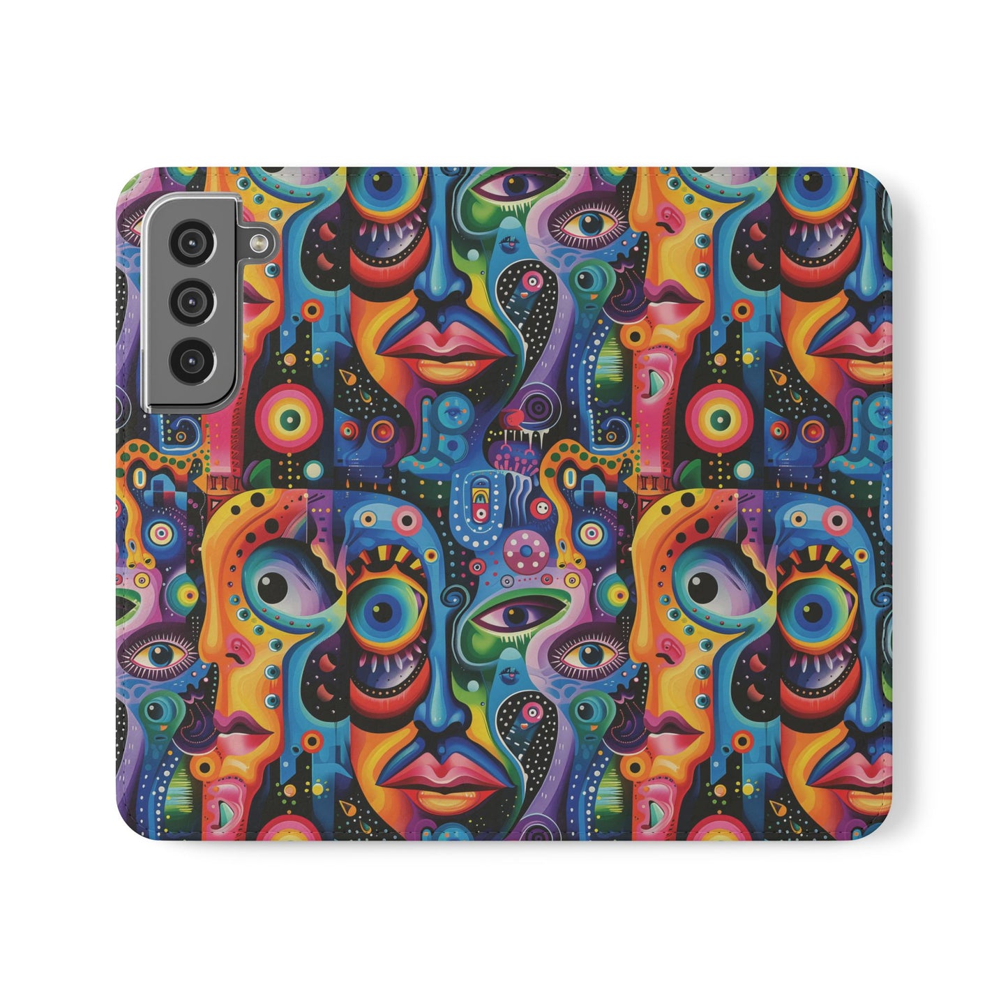 Psychedelic Visions Vibrant Art Flip iPhone and Samsung Phone Case - Colorful Faces Design for Phone Protection