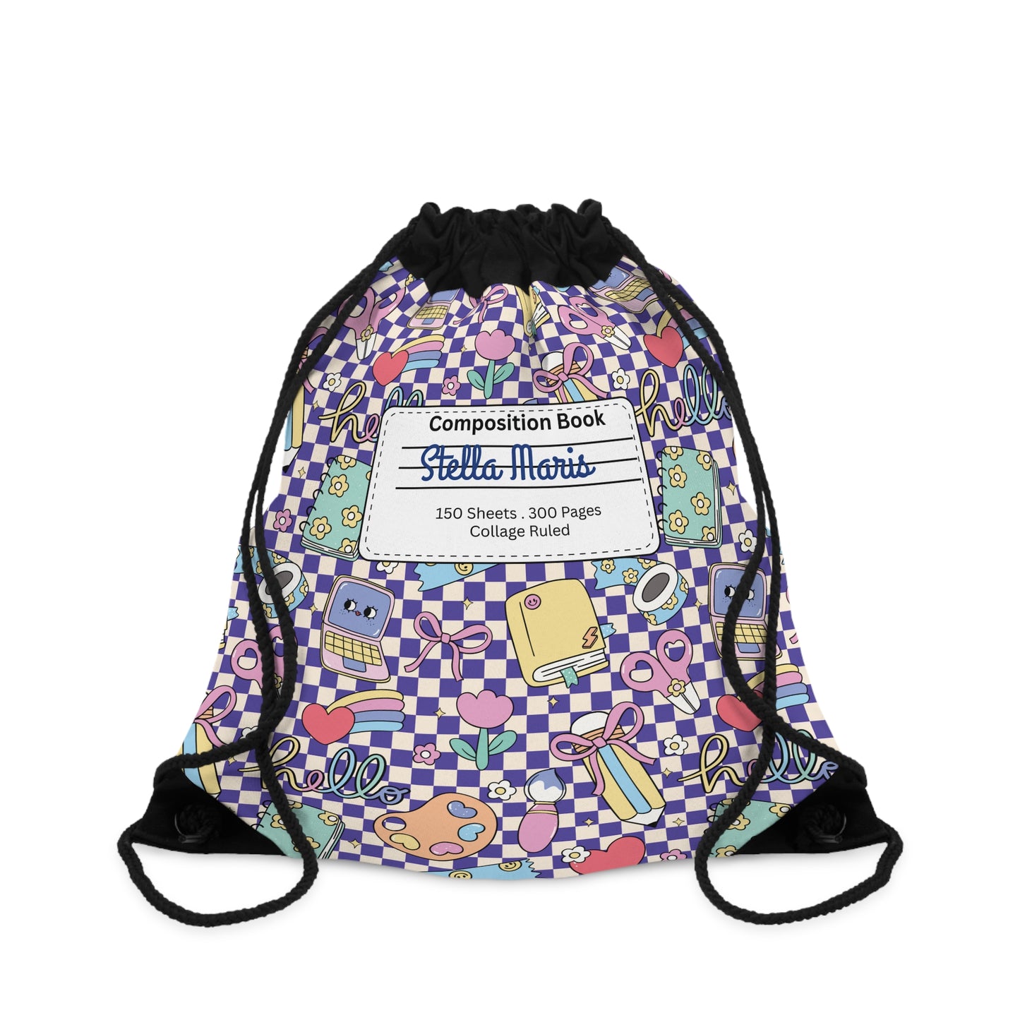 Composition Purple Doodle Daydream Book Inspired Colorful ABC Drawstring Bag | Personalized College Ruled Tote | Kids School Gear | Fun Gym Sack | Back to School Accessory