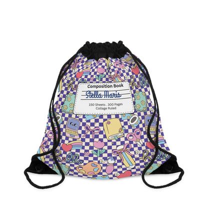 Composition Purple Doodle Daydream Book Inspired Colorful ABC Drawstring Bag | Personalized College Ruled Tote | Kids School Gear | Fun Gym Sack | Back to School Accessory